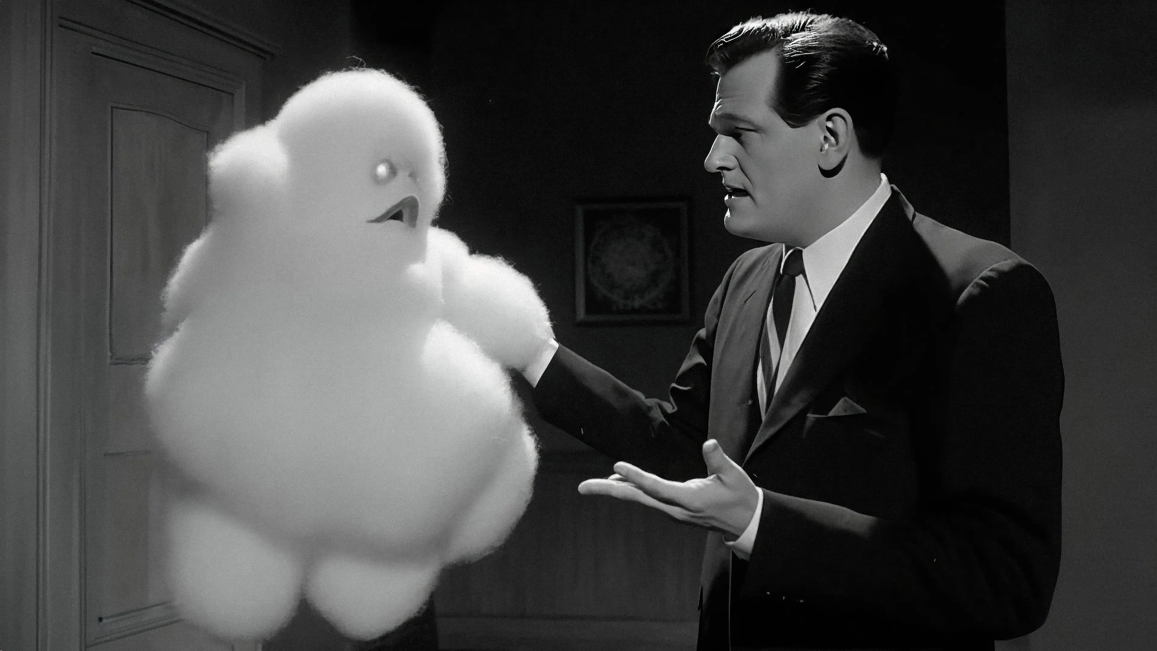 A man in a suit converses with a cloud.