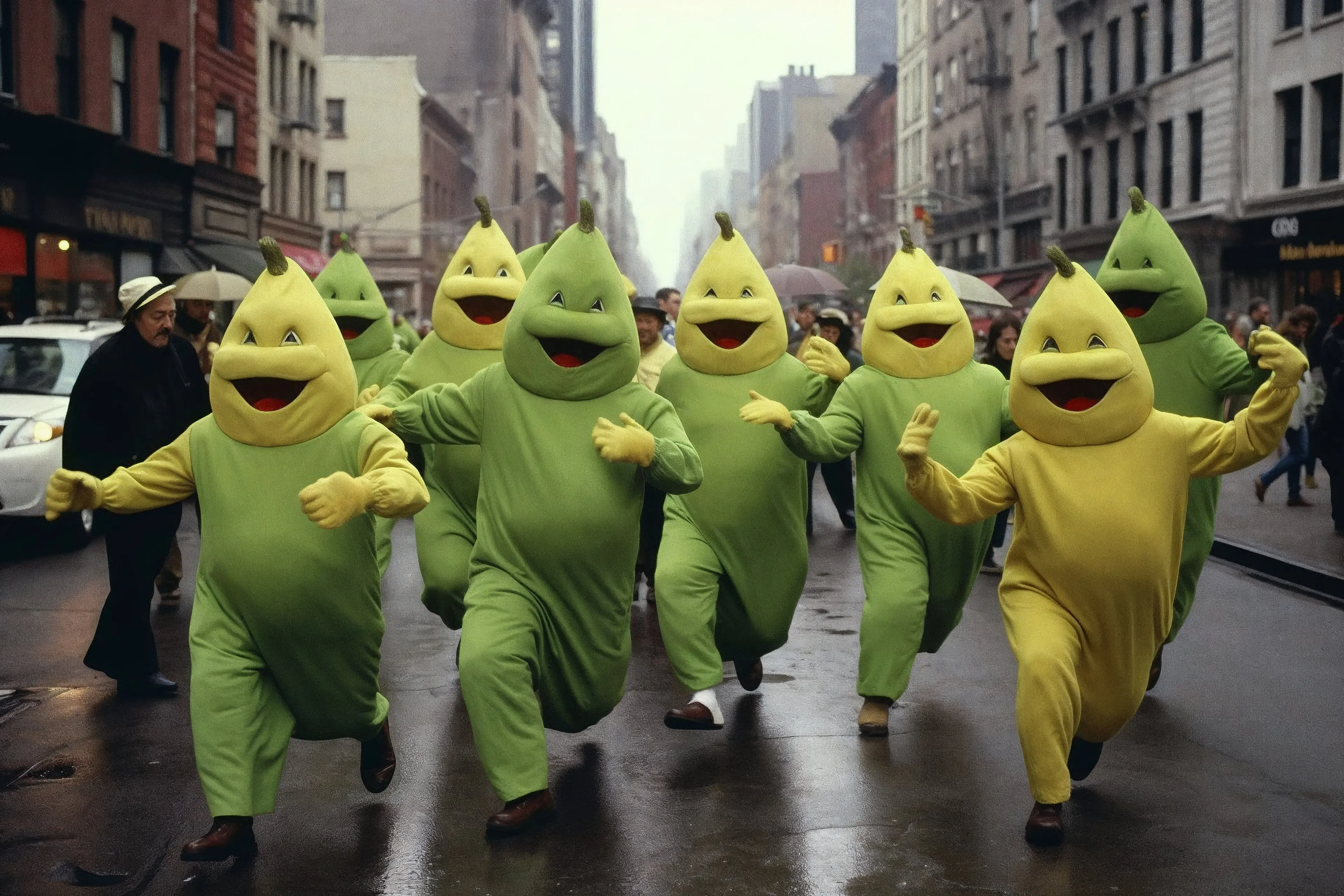 Costumed fruits trot down a city street.