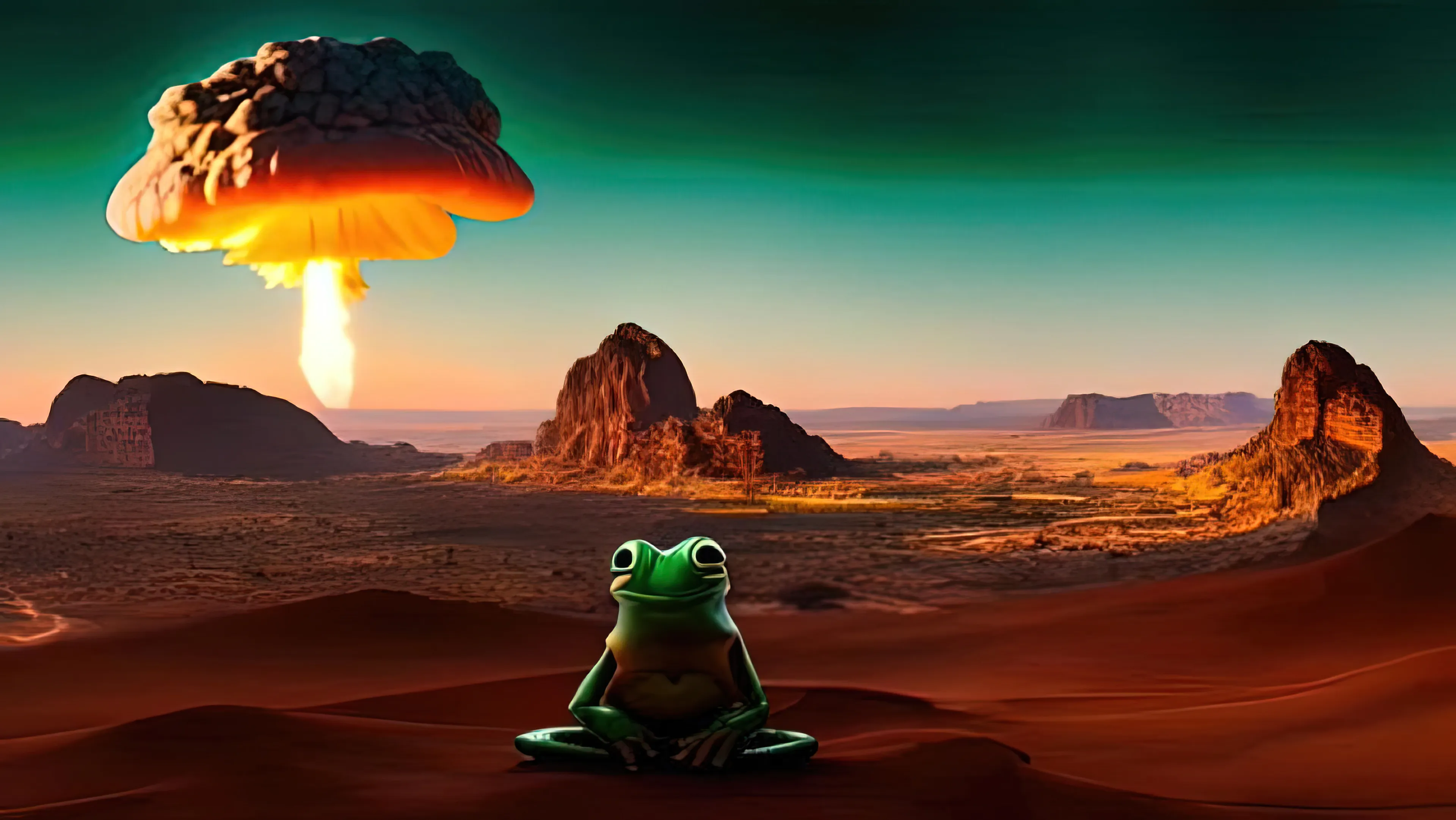 WAGMI - but does that mantra include the pessimists of the world? 
So We're All Gonna Make It? Perhaps those who ride this crypto whirlwind are the only ones who will make it. 
The influence of the meme, Pepe the Frog and apocalyptic visions  are strong in this crypto culture. The nature of money is changing but the ride is volatile.  So the frog keeps calm because after the bomb the only way out is up.