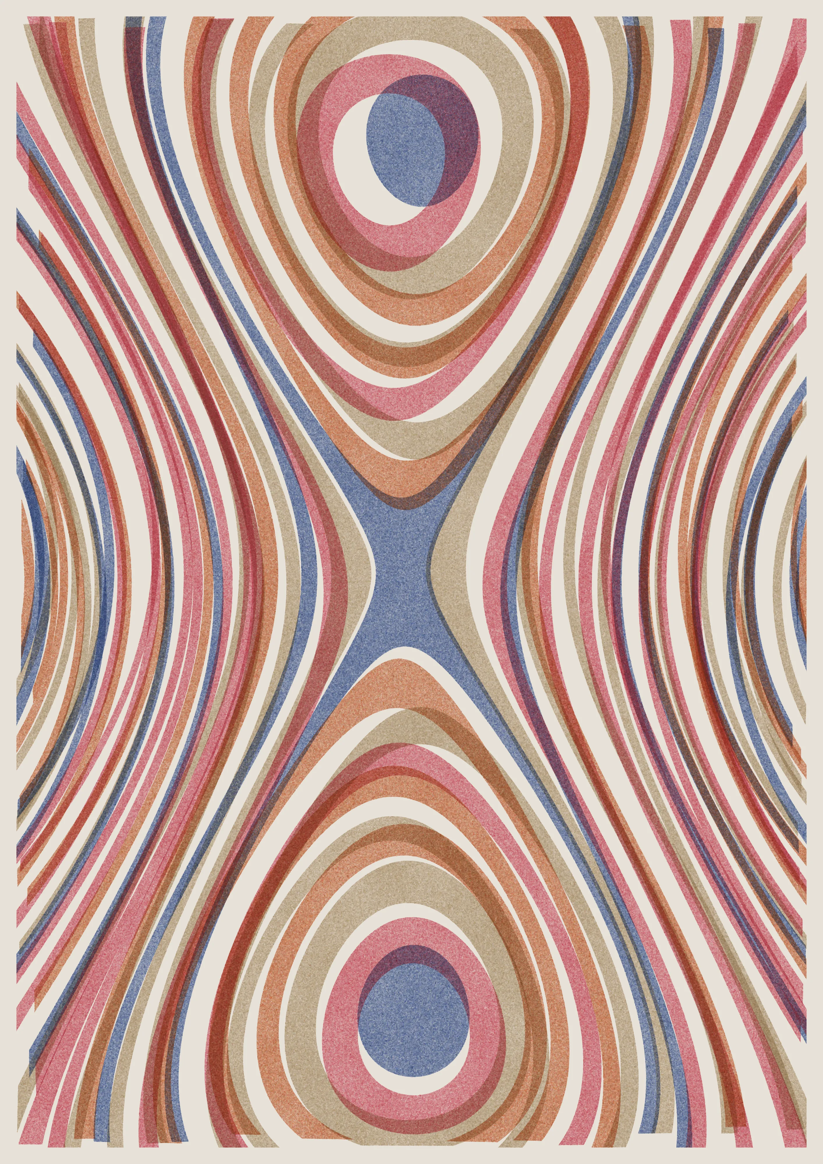 In Interference, Phaust foregrounds two scientific discoveries in a search for purity of generative systems—an 18th century German physicist and a 20th century Japanese electronics corporation.

Investigating acoustics, Ernst Chladni took a violin bow and drew it against a metal plate lightly covered with sand. When the plate reached resonance the sand would settle on particular nodal lines–leaving what is known as Chladni patterns. These proved to be important in fields as diverse as acoustics and instrument design to wave theory and quantum mechanics.

Chladni patterns vary according to a range of factors and can be described with some pleasingly simple equations. Those equations lie at the heart of this collection and perhaps show generative art at its purest: a set of simple equations which give rise to near infinite variation.

Phaust drew upon a 1980 invention by the Riso Kagaku Corporation to bring these forms to life–a machine that looks like a photocopier but works like a screen printer. The Risograph uses stencils and vibrant semi-transparent spot color inks to print a single layer of color at a time, producing prints that are vivid, textured and unique thanks to subtle imperfections in the printing process.

Interference embraces the quirks of Risograph printing, adopting the semi-transparent colors of Riso inks and exaggerating the mis-alignment found on Risograph prints. Instead of plotting solid bands of color, the collection mimics the texture of Risograph prints through over half a million distinct tiles, each subtly varied in shape and color. This treatment suggests mosaics when viewed up close and harkens back 200 years to sand particles settling along nodal lines on Chladni's plates.

Unlike earlier collections such as Pointilla, where the artists had to define much of the forms through code, this is fundamentally a handful of mathematical functions and transformations that create a dramatic variation of composition. Phaust chooses to break the faithful presentation of a physical phenomenon by deviating from standard Chladni patterns — introducing polar coordinates that create a pinching effect to otherwise more rounded forms and an additional distortion that occasionally disturbs these flows. These interventions remind the viewer that this is an unreal depiction, algorithmically generated.

This mathematical and conceptual simplicity speaks directly to the beauty of generative systems. By foregrounding a familiar physical phenomenon, the vibration of sound, Phaust elevates the unique beauty of generative art.