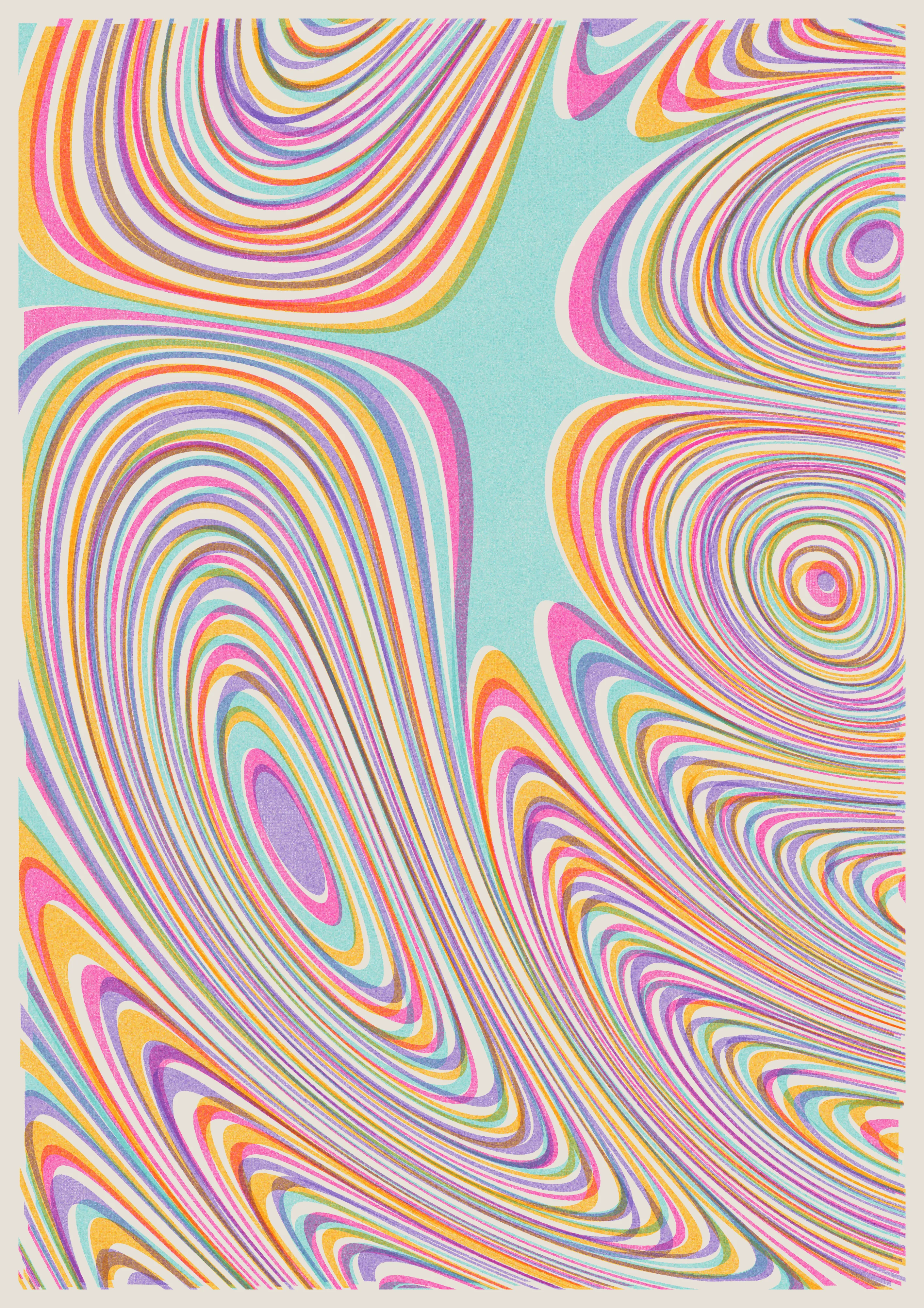 In Interference, Phaust foregrounds two scientific discoveries in a search for purity of generative systems—an 18th century German physicist and a 20th century Japanese electronics corporation.

Investigating acoustics, Ernst Chladni took a violin bow and drew it against a metal plate lightly covered with sand. When the plate reached resonance the sand would settle on particular nodal lines–leaving what is known as Chladni patterns. These proved to be important in fields as diverse as acoustics and instrument design to wave theory and quantum mechanics.

Chladni patterns vary according to a range of factors and can be described with some pleasingly simple equations. Those equations lie at the heart of this collection and perhaps show generative art at its purest: a set of simple equations which give rise to near infinite variation.

Phaust drew upon a 1980 invention by the Riso Kagaku Corporation to bring these forms to life–a machine that looks like a photocopier but works like a screen printer. The Risograph uses stencils and vibrant semi-transparent spot color inks to print a single layer of color at a time, producing prints that are vivid, textured and unique thanks to subtle imperfections in the printing process.

Interference embraces the quirks of Risograph printing, adopting the semi-transparent colors of Riso inks and exaggerating the mis-alignment found on Risograph prints. Instead of plotting solid bands of color, the collection mimics the texture of Risograph prints through over half a million distinct tiles, each subtly varied in shape and color. This treatment suggests mosaics when viewed up close and harkens back 200 years to sand particles settling along nodal lines on Chladni's plates.

Unlike earlier collections such as Pointilla, where the artists had to define much of the forms through code, this is fundamentally a handful of mathematical functions and transformations that create a dramatic variation of composition. Phaust chooses to break the faithful presentation of a physical phenomenon by deviating from standard Chladni patterns — introducing polar coordinates that create a pinching effect to otherwise more rounded forms and an additional distortion that occasionally disturbs these flows. These interventions remind the viewer that this is an unreal depiction, algorithmically generated.

This mathematical and conceptual simplicity speaks directly to the beauty of generative systems. By foregrounding a familiar physical phenomenon, the vibration of sound, Phaust elevates the unique beauty of generative art.