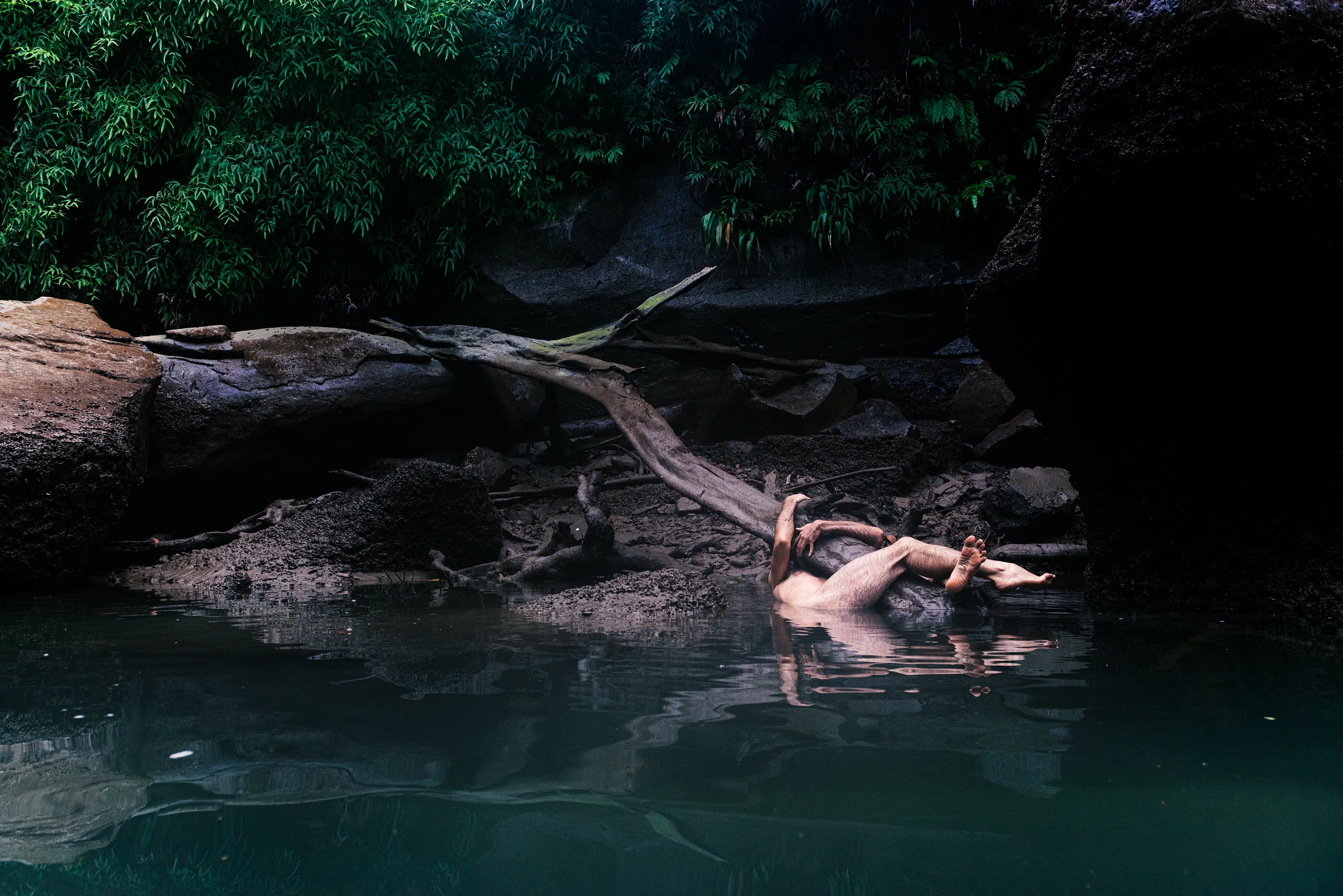 (Self-Portait)  
In this exploration, the naked body emerges as an allusion to the primitive, in that relationship with the environment, transforming it into a totem and putting reason in tension with the imaginary.