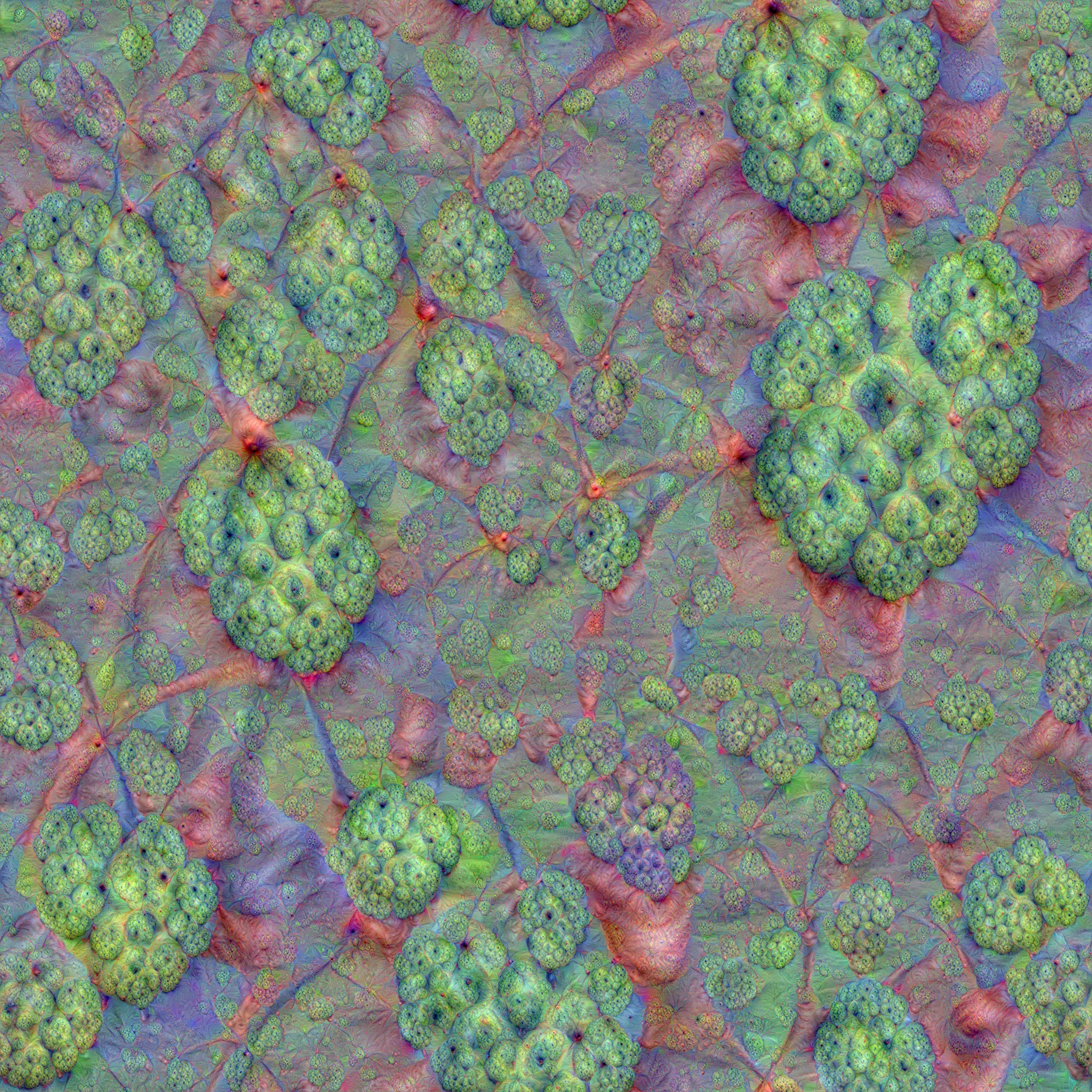 Custard Apple, one of the first DeepDream images produced by its inventor, Alex Mordvintsev in May 2015 before its public release.

DeepDream is a computer vision program developed by Google engineer Alexander Mordvintsev, utilizing a convolutional neural network (CNN) to enhance patterns in images through algorithmic pareidolia, producing surreal, psychedelic visuals. The program popularized the term "deep dreaming," referring to the generation of images that activate specific features in a trained deep network. Originating from Google's "Inception" neural network for the 2014 ImageNet Challenge, DeepDream's open-source code was released in July 2015. The process involves feeding an image into the neural network and iteratively adjusting it based on the network’s recognition of various features, amplifying edges, and shapes to create hallucinatory effects where familiar objects morph into complex, often bizarre patterns. DeepDream showcases the power of neural networks in image processing and offers insight into the workings of machine learning models, merging technology and art.

Provenance:

Custard Apple, created in May 2015, was minted as a unique NFT in July 2024 as part of the group show "Automat und Mensch 2.0," a retrospective of AI history at Kate Vass Galerie. While DeepDream was released in July 2015 as an open source for public use, Custard Apple was made before Google's public launch and only became allowed for sale since June 2024. This work was also featured in a 2018 article by curator Jason Bailey.

https://www.artnome.com/news/2018/12/30/deepdream-creator-unveils-very-first-images-after-three-years  