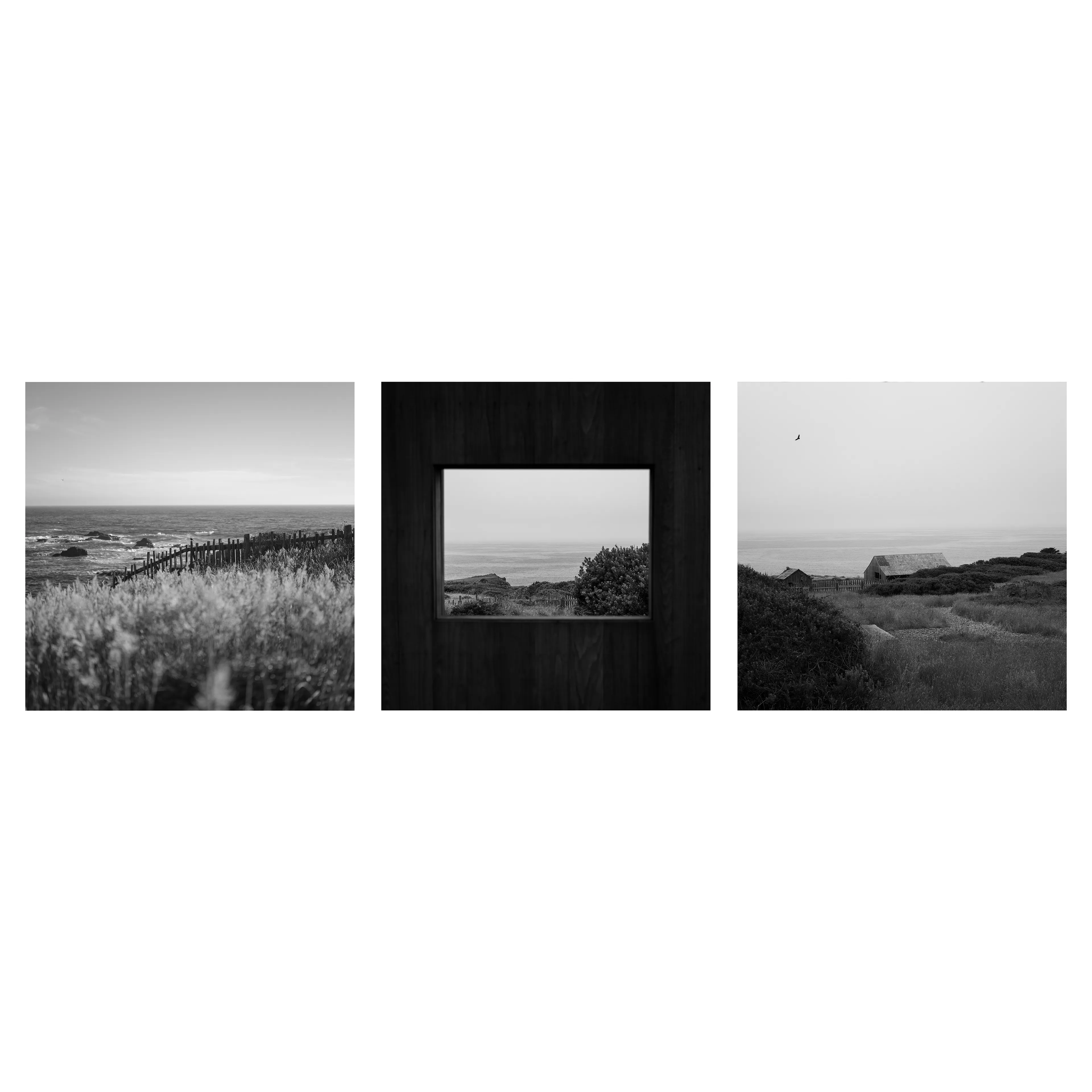 “Window to the Sea” traces a gentle arc along the coastal edge—where fences lean toward the surf, where grasses sway in salt wind, and where an old barn fades into the mist. At the center, a dark frame offers a quiet view: the ocean held still for a moment, distant and eternal. It is a meditation on distance, memory, and the soft boundary between land and longing.