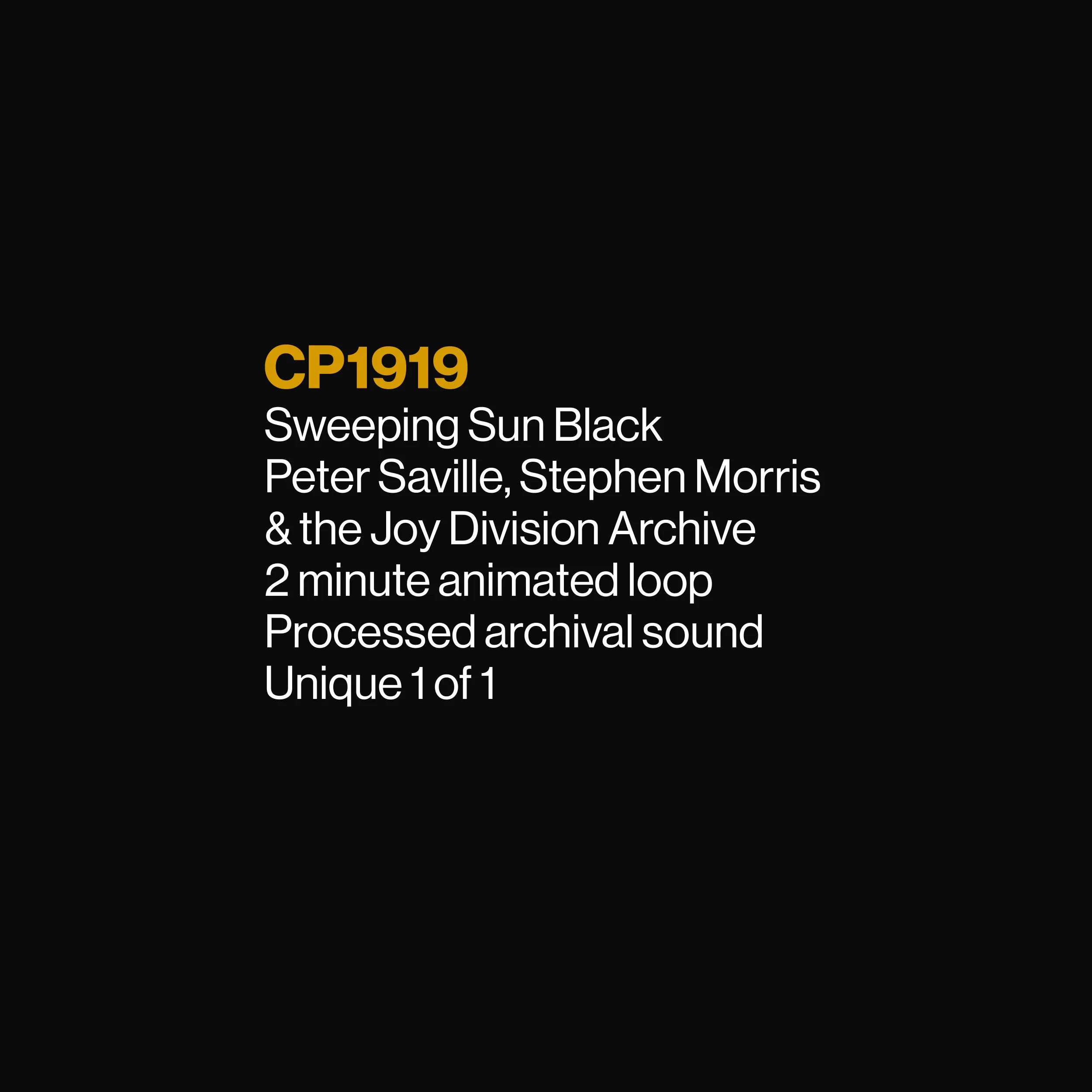 CP1919 is a digital audiovisual project that draws on artist Peter Saville’s iconic Joy Division Unknown Pleasures album cover. These digital artworks include newly recorded sound combining samples from archival Joy Division recordings and the radio signature of the CP1919. 

CP1919: Sweeping Sun Black 2023, a single edition artwork (NFT) with a monochromatic black color palette and distinct new audio from the Joy Division Archive, will be available through an online auction conducted by Pace Verso. CP1919: Sweeping Sun Black 2023 will never be made available to the public—only the owner will have access to this experiential artwork. The buyer will receive their artwork on a commemorative hard drive in a bespoke slipcase.