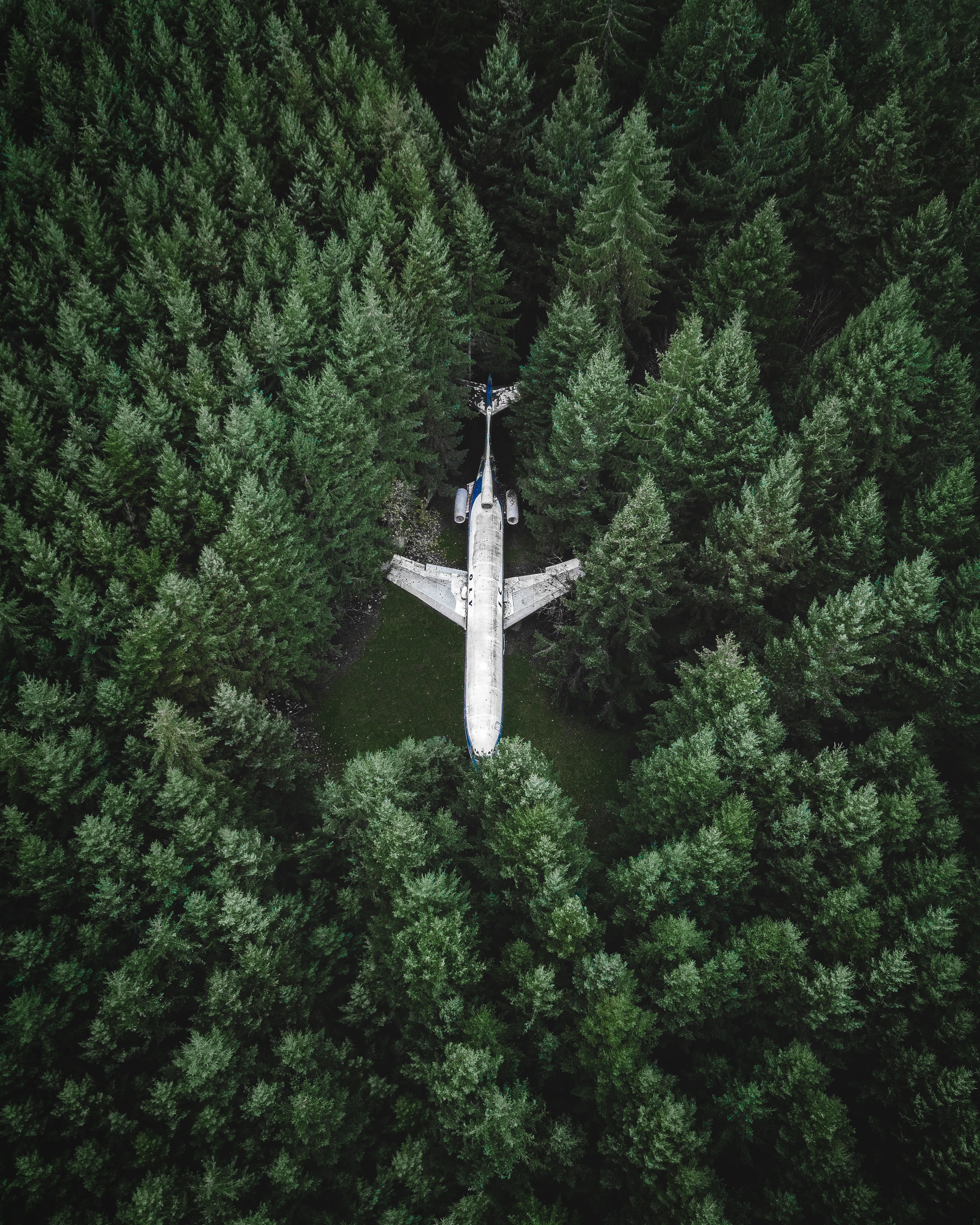 "This is the first aerial image I have ever snapped that I was truly proud of. I photographed this location back in 2016 with a DJI Phantom 3 Pro, which may be considered by some as ‘vintage’ in the timeline of drones.

I had heard about a man who converted a retired Boeing 727 airplane into a home out in the rainforests of the Pacific Northwest. Nowadays the airplane home is known by many… And most photographers who have drones have probably gone and tried to photograph it themselves. However, this was a different story back in 2016. 

Not many photographers had drones as they were expensive, heavy, and clunky. Traveling with them was not ideal and snapping aerials with a drone was still a relatively new medium of photography. Luckily, the first camera I ever owned (other than a phone camera) was my Phantom.

I set out on a road trip from Vancouver, Canada to Oregon in search of this plane tucked away in the woods. A lot of photographers I knew at the time were searching for it, but none of them had actually managed to find it. I think I had seen it shared on Instagram once before, but as a video and not a photograph. I drove around the general area where I had heard it was built, but the forest was dense and I couldn’t find the infamous plane.

Just when I had almost given up I setup my drone and flew it straight up to have a look around. To my surprise, the plane was just up ahead tucked away in the woods in front of me. I was blown away that I had actually found it.

After sharing this photo, it quickly became my first ‘viral’ image. Since the home was not well known by the public yet people thought I had discovered a plane crash and it truly became an internet sensation. 

It has been reshared, stolen and replicated a countless amount of times… So many times that I’ve even been accused of photographing an “unoriginal” composition. Little do the ones accusing know is that I was one of the first photographers to actually photograph and share the airplane home with a drone."