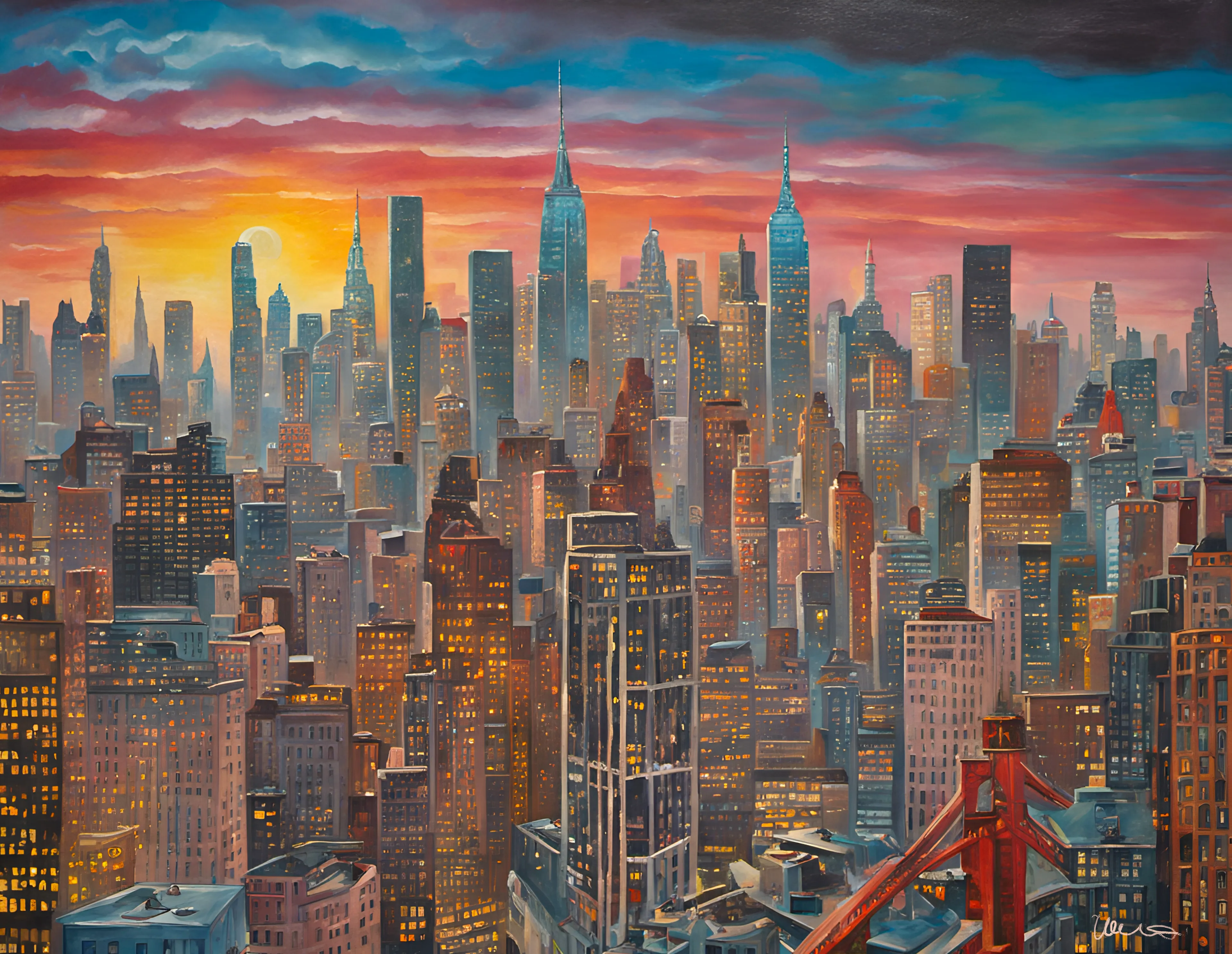 "City Lights" unveils The Painting Academy's prowess in capturing the urban ethos, a cityscape masterpiece where skyscrapers aren't merely structures, but characters in a complex narrative. This panoramic canvas, with its vertical and horizontal stretch, showcases skyscrapers standing tall and dense, almost jostling for space yet exuding a harmonious skyline. They are the modern day colossi, holding within them a myriad of human endeavors, each window telling a story, each facade reflecting the city's evolving saga. As the warm sunset hues embrace these architectural giants, a contrast of warmth against the cold steel unfolds, portraying the city as a living entity. The skyscrapers, with their towering presence, become the stalwarts of urban civilization, echoing a modernity that's deeply rooted in tradition. Drawing a line from Hopper's legacy, "City Lights" is a modern-day homage to the towering spirit of urbanity, a world-class portrayal ready to grace the halls of revered institutions like MoMA. Through each brushstroke, The Painting Academy continues the dialogue between the past and present, with skyscrapers as the formidable yet elegant lexicon.