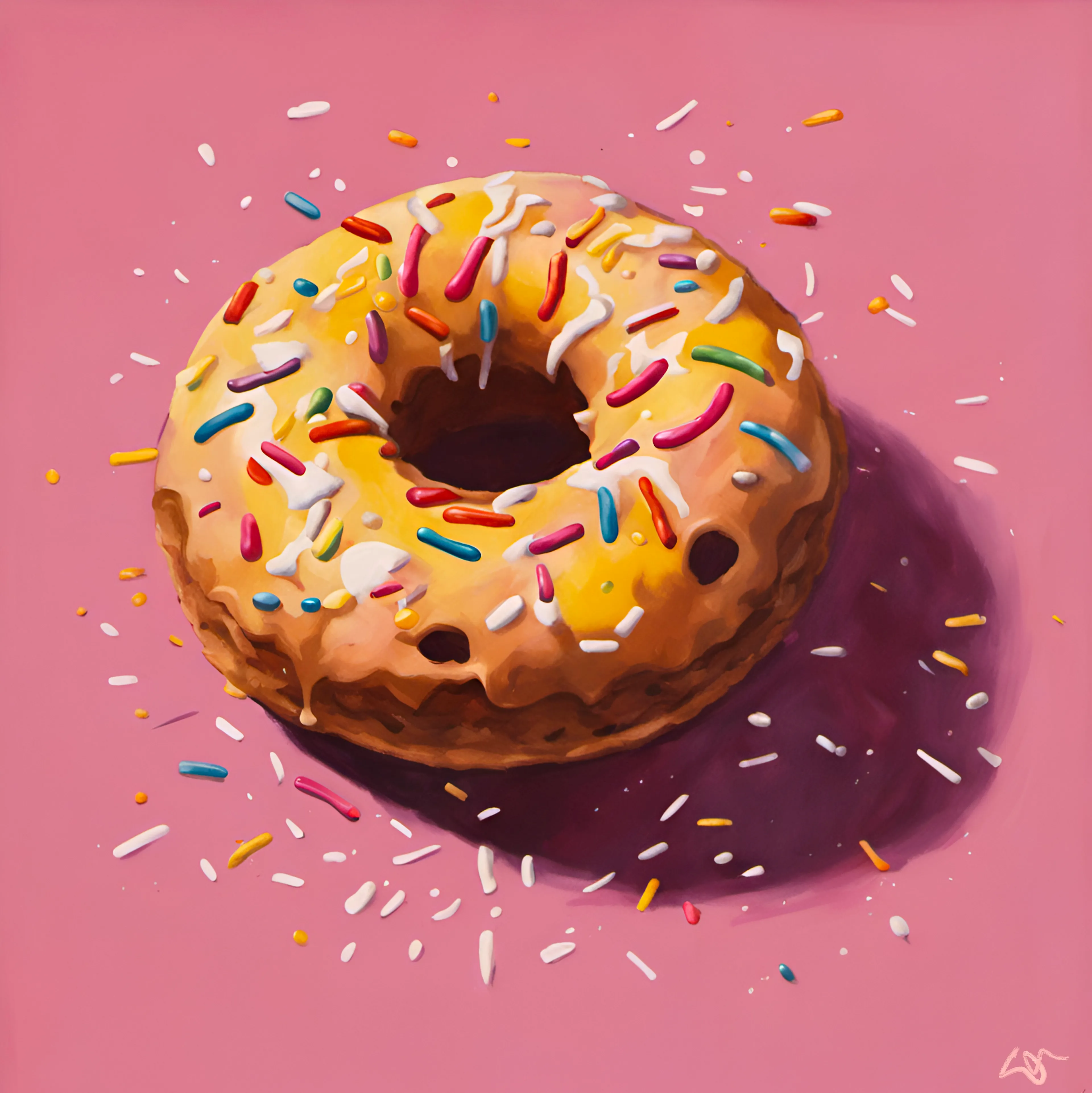 In The Painting Academy's latest exposition of 'The Donut', the canvas is transformed into a mesmerizing tableau, with the convergence of meticulous artistry and the politics of taste taking center stage. The sugary exterior of the donut glistens, each granule of sugar and hue rendered with such precision that one could almost feel its crystalline texture. Bathed in a luxurious ice cream pink, the background is not merely a passive setting; it pulsates with creamy richness, its gradient reminiscent of a melting scoop of strawberry ice cream on a hot summer day. The candy sprinkles, each individually painted, possess their own depth and character—shades of rainbow colors that pop against the donut’s surface, casting minute shadows that lend an almost three-dimensional effect to the piece.

The donut’s perfectly circular form dominates the canvas, both in its centrality and the sheer mastery with which it's painted. You can almost discern the soft, spongy texture of the dough, juxtaposed against the smooth and glossy sheen of the glaze. The periphery of the donut is expertly shaded, capturing the play of light and shadow, indicating a source of illumination from the top left, lending the donut an ethereal glow.

But beyond this tantalizing physicality, the donut emerges as a site of power and discipline. Its perfection in composition and the nuances in its textured brushwork lead our gaze to the ritualistic indulgence of the bourgeoisie, for whom this sugary ring piece becomes a morning sacrament. As such, 'The Donut' is not just an exploration of texture, form, and color, but a discourse on the structures that define pleasure, privilege, and desire. Beyond its undeniable aesthetic appeal, 'The Donut' serves as a potent critique and a philosophical inquiry into the dialectics of desire, dominance, and daily rituals in our post-modern world.