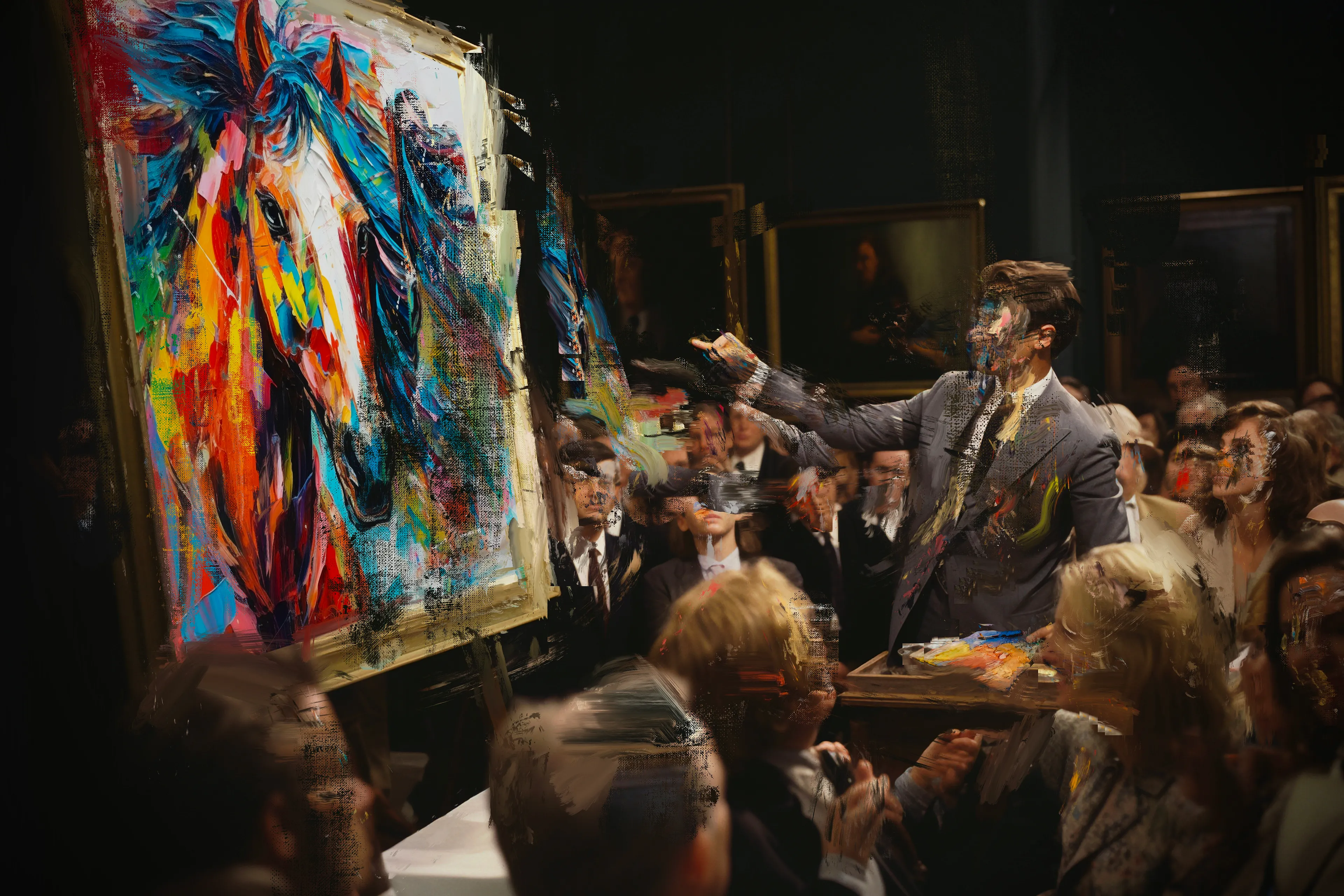 At the illustrious Painting Academy, we pride ourselves on not just nurturing artistic talents, but also in celebrating the fruition of those talents. One such moment was brilliantly captured in the recent presentation of "Gallop in the Clouds." Amidst opulent settings that reflect our academy's commitment to excellence, our flamboyant tutor, palette in hand, unveiled this masterpiece to an audience of esteemed visitors. Their inquisitive glances and murmured conversations echoed the room's electric atmosphere. As the artwork stood proudly on its easel, a palpable blend of admiration and anticipation filled the space. Many among the crowd were not just art aficionados but potential collectors and buyers, their discerning eyes assessing every brushstroke. This scene, a confluence of art, education, and commerce, is a testament to the Painting Academy's dedication to the world of art and its continued legacy of excellence.