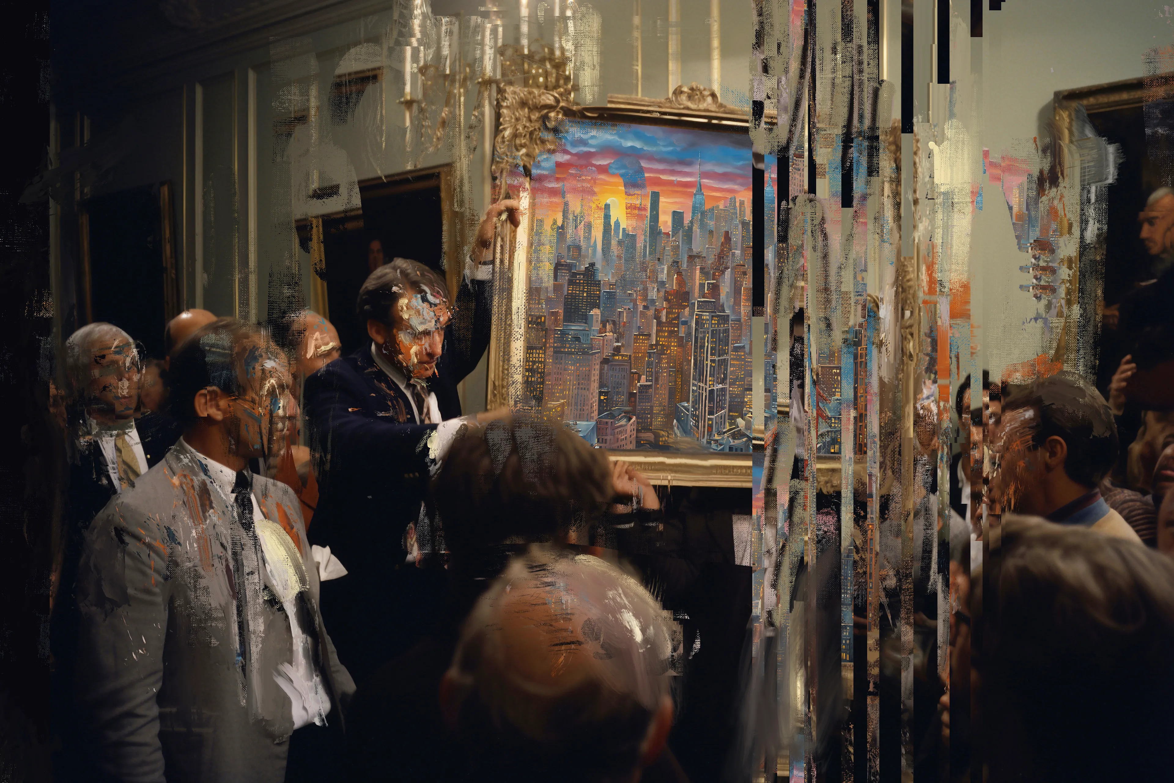 In the hallowed halls of the Painting Academy, the latest manifestation of our artistic endeavor, "The Unveiling of City Lights," comes to life. This painting captures a moment steeped in tradition and electric anticipation, as a distinguished assembly of academicians and select collectors gather for the unveiling ceremony. The scene is a rich tapestry of emotions, underlined by the gentle pull of the veil that reveals "City Lights," a painting nestled within a painting, each stroke echoing the pulsating enthusiasm of the moment.

Framed in opulent gold guild, "City Lights" is not merely a canvas, but a narrative intertwining the age-old tradition of art unveiling with the contemporary fervor of our academy. As the veil lifts, the collective breath of anticipation transforms into waves of appreciation, each ripple resonating with the timeless dialogue between artist and beholder. The electric atmosphere is palpable, the room buzzes with whispers of critique and admiration, reflecting a microcosm of the larger artistic ecosystem.

"The Unveiling of City Lights" is a tribute to the ceaseless spirit of discovery and the profound camaraderie that fuels our creative odyssey. The collectors, cordially invited, symbolize the enduring bond between the creator and the connoisseur, a testimony to the enriching journey of aesthetic exploration. With this painting, we extend an invitation to delve into the narrative, to experience the anticipation, the critique, and the fulfillment that comes with unveiling not just a painting, but the heart and soul of the Painting Academy. Through the lens of this momentous unveiling, we explore the ever-evolving essence of artistry, and the unyielding bond that ties us to our beloved patrons and the ageless pursuit of aesthetic enlightenment.