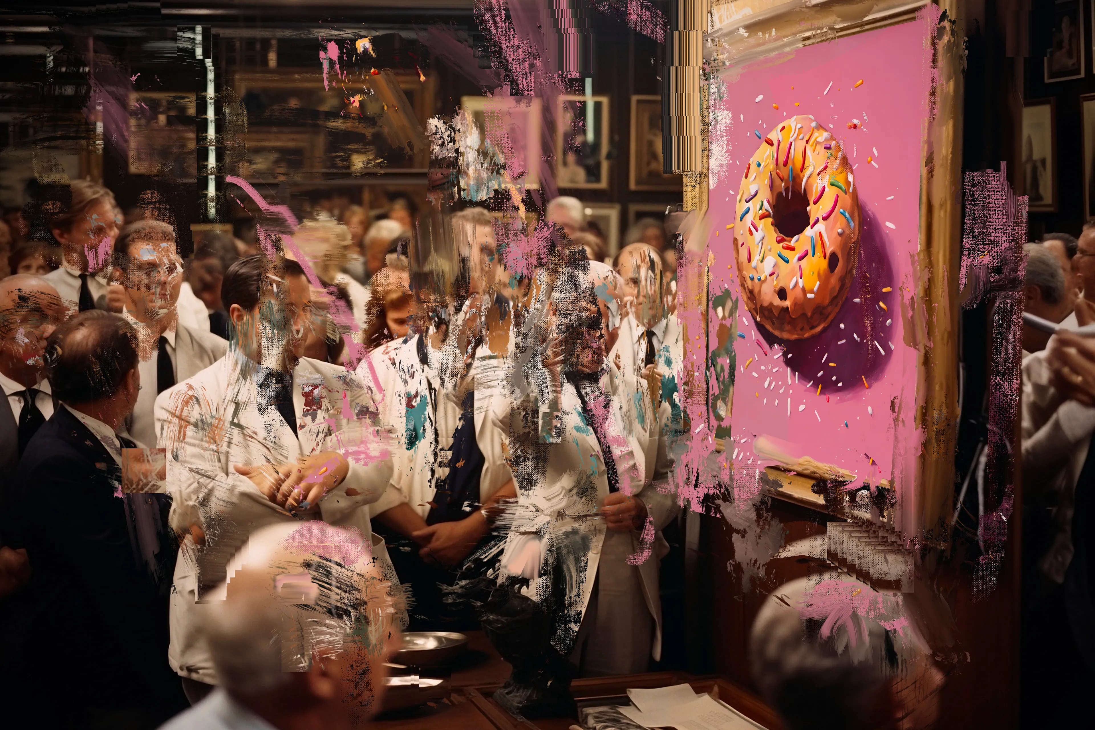 In the hallowed chambers of the Painting Academy, amidst the palpable tension of anticipation, the veil was lifted from the latest discourse in visual representation: 'The Unveiling of The Donut.' This is not merely a painting, but an interrogation of our very existence. Set against the stark juxtaposition of an ice cream pink void, the donut emerges not just as a sugary confection but as an emblem of our insatiable desire, our cyclical hunger for meaning in a universe that often feels void of it. The candied sprinkles, refracting light, challenge our perceptions of reality, asking us to consider whether they illuminate the canvas or merely reflect the transient gleam of our own fleeting joys. As the collectors gaze upon it, one wonders: do they see a donut, or the eternal loop of existence, sweet yet empty at its core? In this masterpiece, the Painting Academy has not just presented a visual treat, but a profound meditation on the human condition.