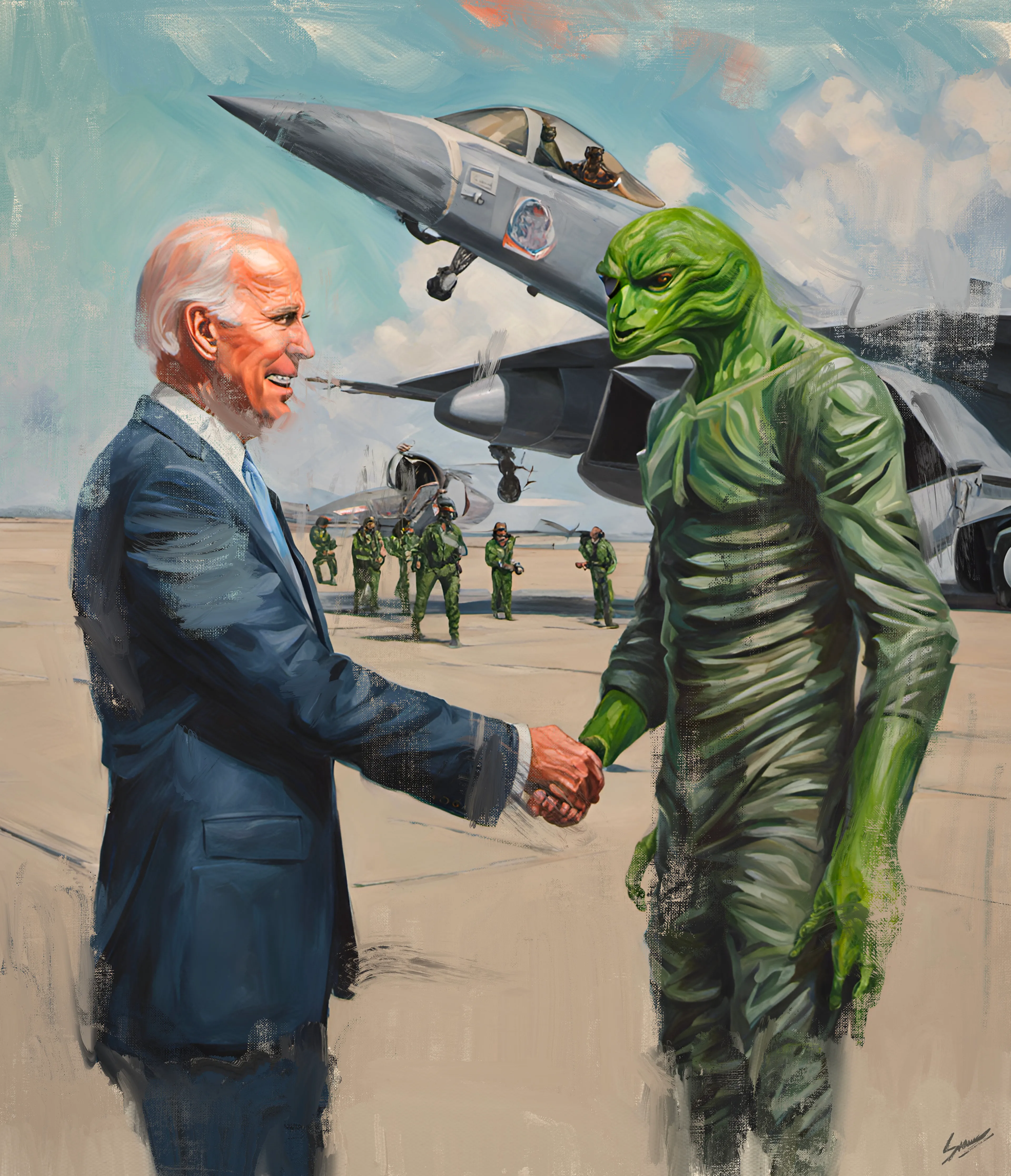 The Painting Academy's "Joe meets Big Green" emerges not just as an iconic narrative, but also as a masterclass in technique, materiality, and application. Rooted in the best traditions of figurative art, this masterpiece beautifully marries the gravitas of historical portraiture with the fantastical allure of cosmic realms.

The side profile of President Joe Biden, executed with meticulous precision, showcases intricate oil brush strokes that lend a tactile depth to the work. Each strand of his hair, the subtle creases on his skin, and the gentle play of light and shadow have been captured with an artisan's discerning touch. Especially notable is the almost plastic-like sheen on Biden's skin, a testament to the artist's proficiency and a subtle nod to the artifice of political imagery in the modern era.

Beside him, Big Green, an enigma rendered with equal finesse, stands as the epitome of the unknown, inviting questions and wonder. Their handshake, perfectly placed in the center, is more than a gesture; it's a fusion of two realms, each brushstroke narrating tales of diplomacy and exploration.

The atmospheric backdrop, a sumptuous sky painted with delicate gradients, provides a counterpoint to the concrete presence of the F-15 fighter jet, grounding the composition while juxtaposing man's achievements with the vastness of the cosmos.

In every facet, "Joe meets Big Green" is both a story and a showcase. With its exemplary techniques and detailed oil brushwork, it stands as a testament to the Painting Academy's commitment to pushing boundaries in art. This is a piece poised to grace the halls of Christie’s or Sotheby's, captivating audiences with its narrative prowess and technical brilliance.