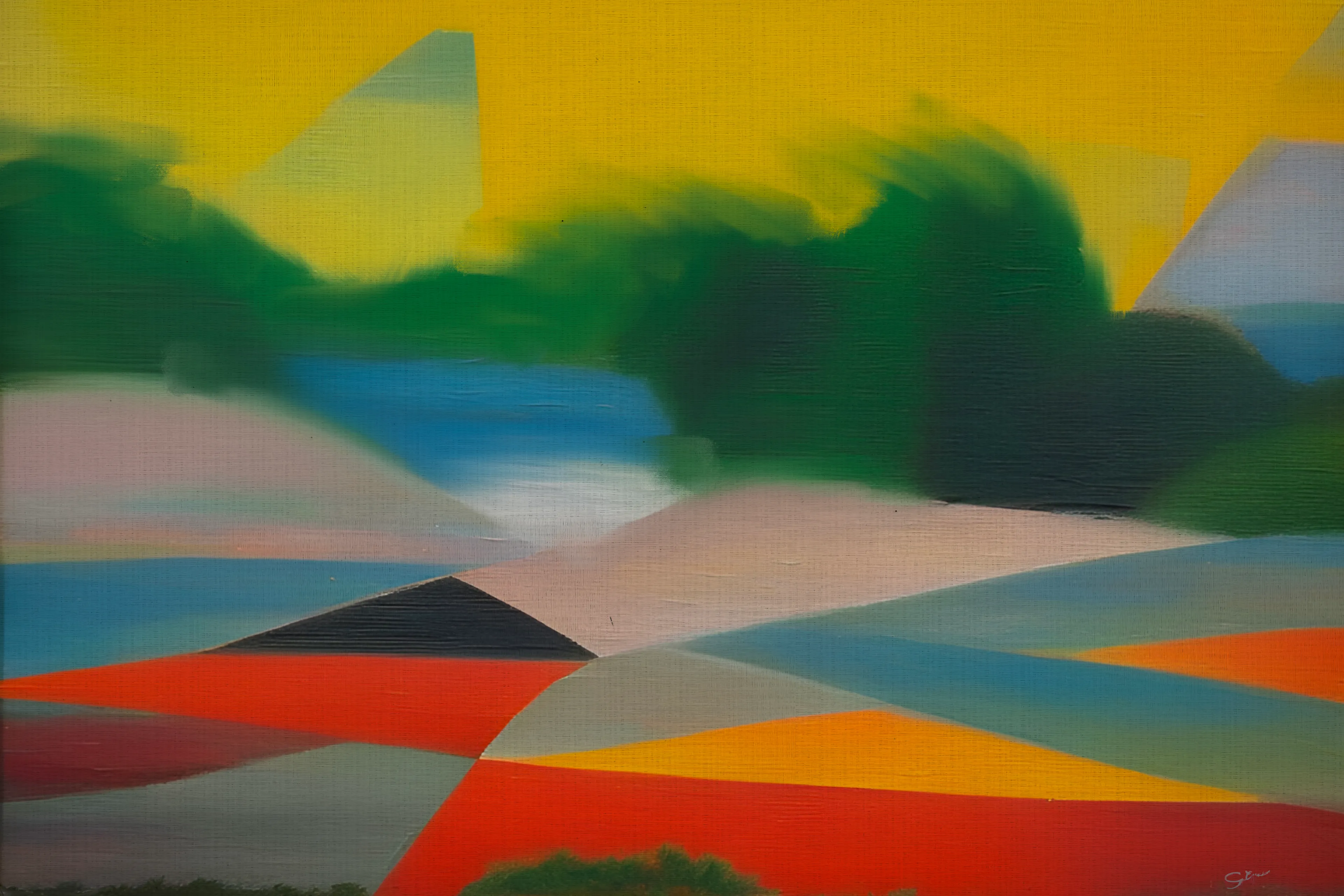 In the grand lineage of landscape artistry, "Soft Geometric Landscape Painting" stands as a testament to the continuum of artistic evolution, proudly taking cues from the masterful touches of icons like Constable and Turner. The painting weaves an eloquent dialogue between nature's caprice and the modern world's structured reality. The sky, a radiant canvas of shimmering yellow, instills a serenity reminiscent of golden-hour reveries. Beneath, the trees emerge, not as mere foliage, but as abstracted echoes painted with a softness that speaks to nature's inherent depth and mysteries. Contrasting these organic undulations, the geometric forms in the foreground introduce a contemporary cadence to the piece. They serve not to clash, but to harmonize — reinforcing the symbiotic relationship between the natural and the constructed. Dancing on the very precipice of this duality are delightful daubs of shrubbery, lending a tangible depth and sculptural quality to the tableau. In this masterpiece, the academy presents not just a landscape, but an introspective journey — a bridge between epochs, a symphony of past and present, and an ode to the ever-evolving beauty of our world.