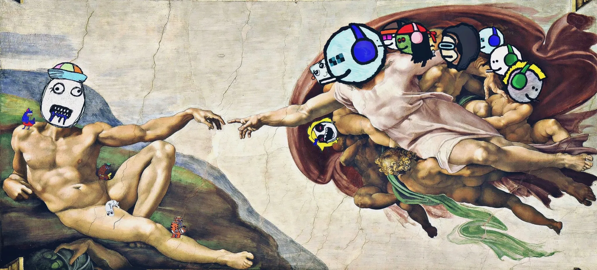 Memes the degen creation narrative from the Book of Enrichment in which Sartoshi gives life to DF the first derage.

by  Ace303 ( @TezDispenzer )
