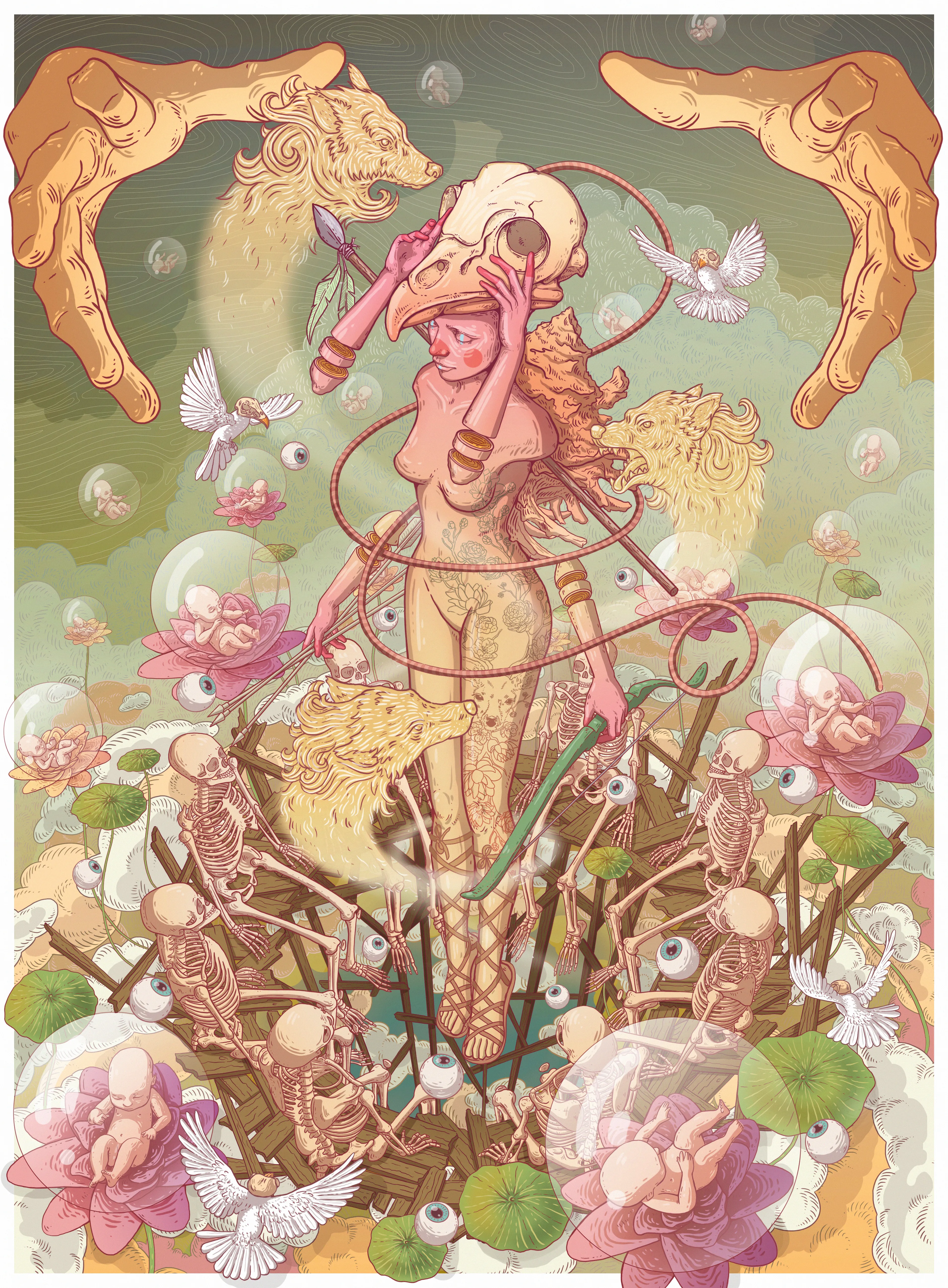 Artemis (/ˈɑːrtɪmɪs/; Greek: Ἄρτεμις) is the Greek goddess of the hunt, the wilderness, wild animals, the Moon, and chastity.

Artemis is the daughter of Zeus and Leto, and the twin sister of Apollo. She was the patron and protector of young children and women, and was believed to both bring disease upon women and children and relieve them of it. Artemis was worshipped as one of the primary goddesses of childbirth and midwifery along with Eileithyia. Much like Athena and Hestia, Artemis preferred to remain a maiden and was sworn never to marry.

Artemis was one of the most widely venerated of the Ancient Greek deities, and her temple at Ephesus was one of the Seven Wonders of the Ancient World. Artemis' symbols included a bow and arrow, a quiver, and hunting knives, and the deer and the cypress were sacred to her. 


3820x5190
300 dpi