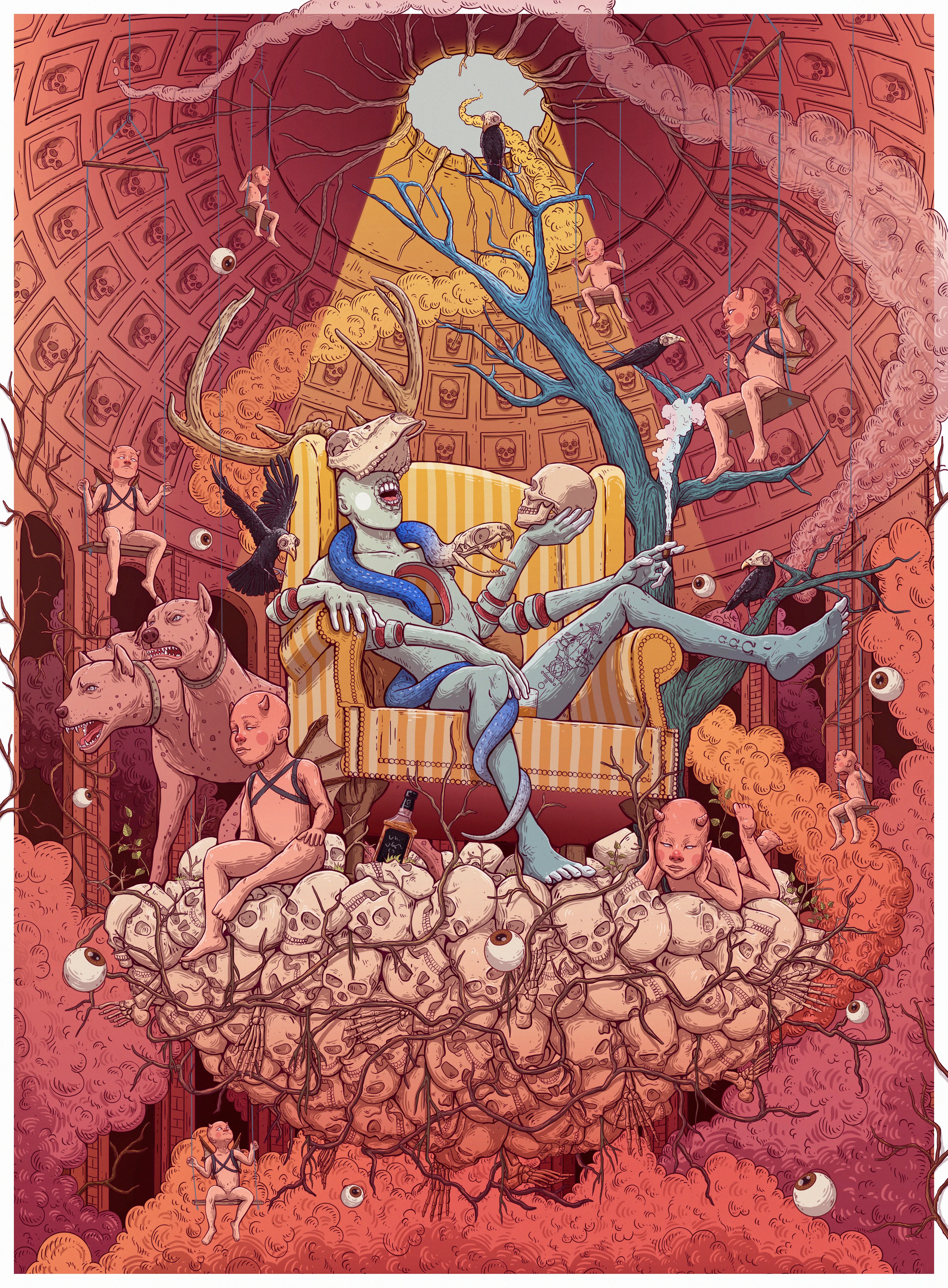 Hades (/ˈheɪdiːz/; Greek: ᾍδης), in the ancient Greek religion and myth, is the god of the dead and the king of the underworld, with which his name became synonymous.Hades was the eldest son of Cronus and Rhea, although this also made him the last son to be regurgitated by his father.He and his brothers, Zeus and Poseidon, defeated their father's generation of gods, the Titans, and claimed rulership over the cosmos. Hades received the underworld, Zeus the sky, and Poseidon the sea, with the solid earth, long the province of Gaia, available to all three concurrently. 

In artistic depictions, Hades is typically portrayed holding a bident and wearing his helm with Cerberus, the three-headed guard dog of the underworld, standing to his side.

3820x5190
300 dpi