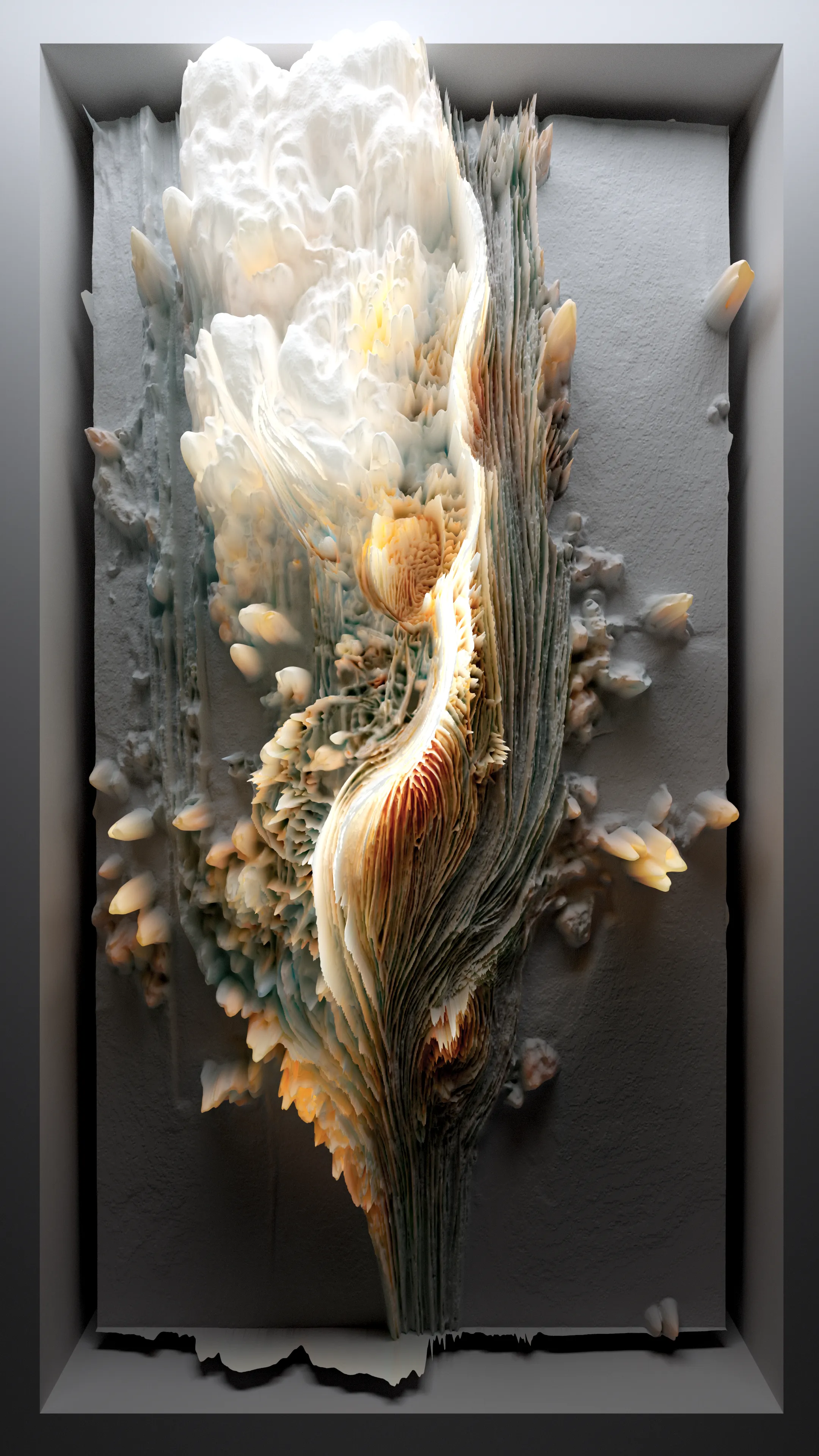 Latent Floral A is a multi-dimensional AI Data Painting that transforms a fragment of the world's natural phenomena into a visual poem for Metaverse. Utilizing a raw dataset of 100 million flower images to train a generative adversarial network (GAN), the NFT artwork reveals the latent space in which a machine "dreams" of flowers after learning what a flower is – its colors, patterns, and shapes that exist in its synthetic memories. Anadol's pioneering take on painting with data takes the form of a celebration of the latent sensations that floral patterns and colors induce and gives an abstract "shapelessness" to pigments. The result is a mesmerizing visualization of an alternative natural world that evokes themes of transformation and innovation at the intersection of art, nature, and technology.