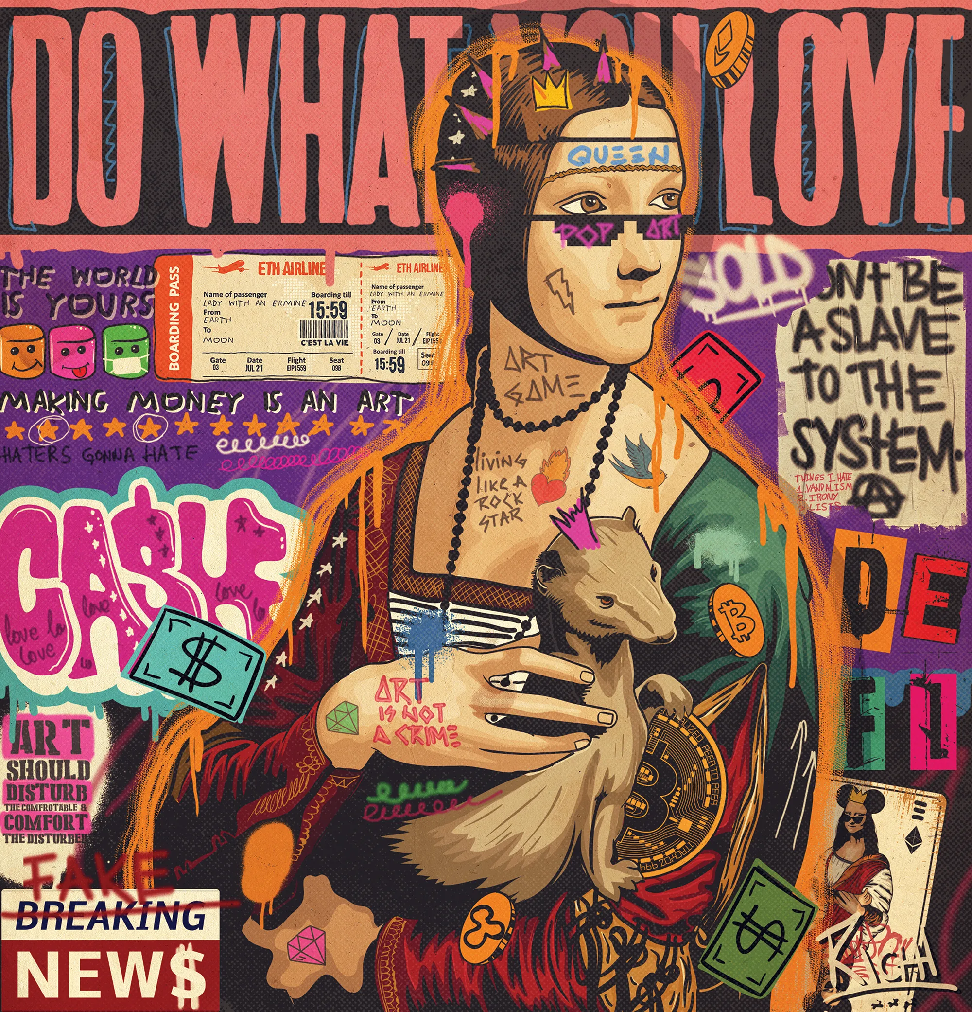 Pop art portrait reinterpretation of the alluring young woman from the Milanese court enriched with crypto symbols and  graffiti elements.

The collector will also receive an additional version that fits day mood, as opposed to the minted rock star night version.