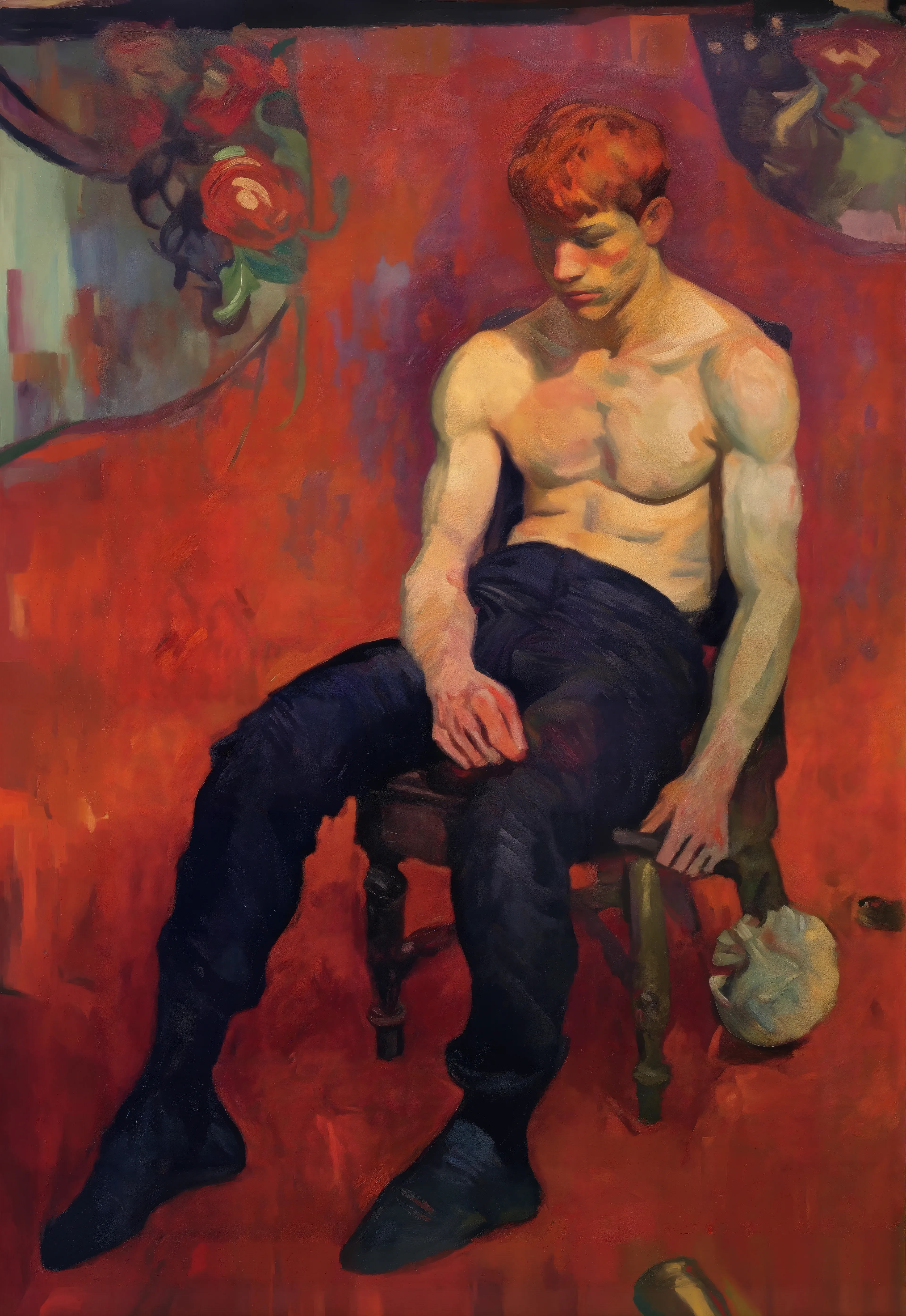 This painting of a muscular man is notable for its introduction of a more vivid color (red was likely an intentional choice) and marking the first time that Chester appeared to paint something more personal. The inscription in the back implies a level of closeness, the pose indicates a certain familiarity, and the color marks a certain intensity. 

Inscription (from reverse):
…a torrid evening, i [sic] apologized by painting him. We have put things behind us.