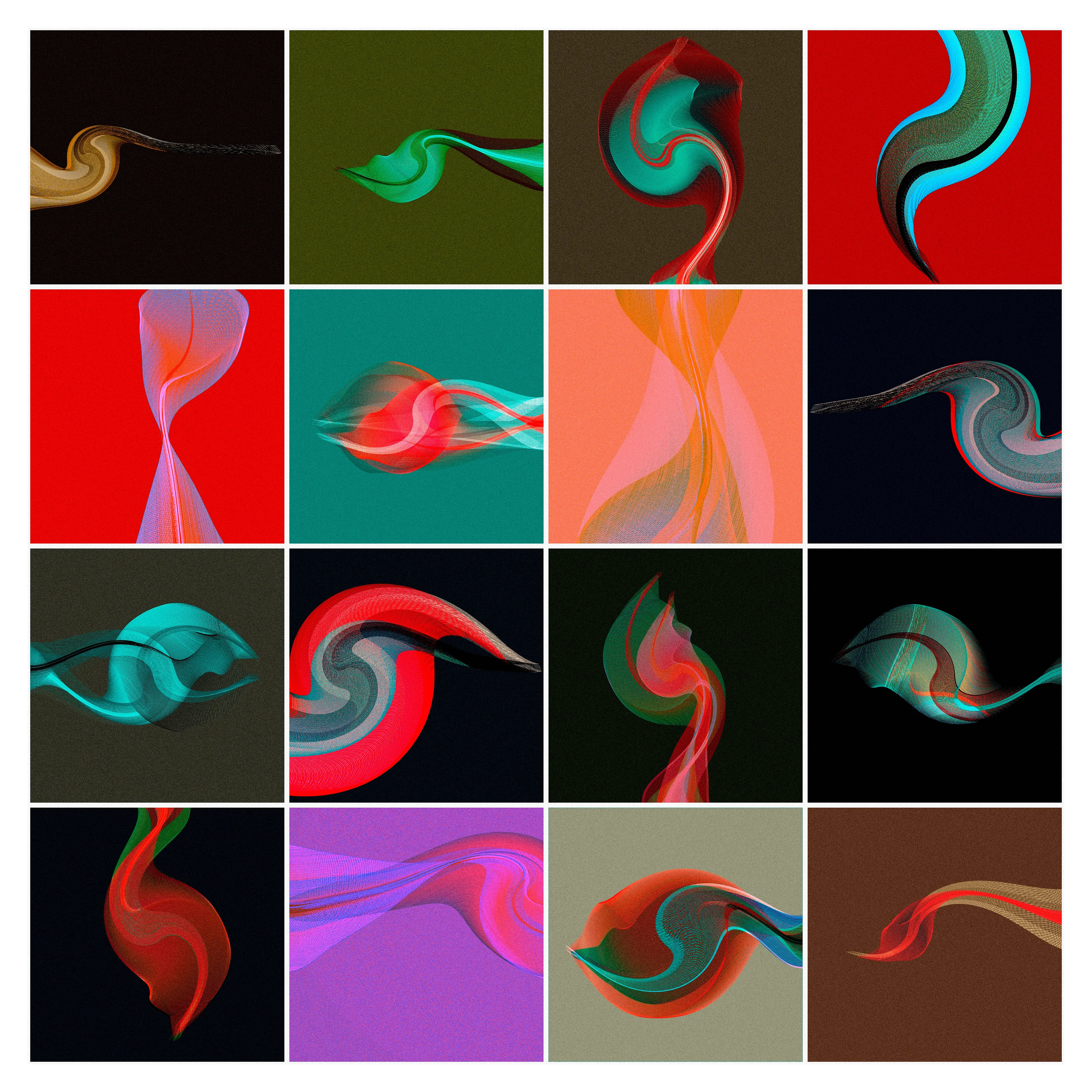 “Hypothetically Micro” confronts us with a dozen bold ribbon-like entities placed against flat backgrounds of solid color. Familiar on the surface, they become increasingly difficult to place, particularly in terms of scale. Velitchkova’s lyrical specimens are artfully cropped in a way that suggests we may be looking at the tail, wing, fin, or frond of a much larger organism. Yet something about the color palette also recalls the dyes used in microscopy: These forms could just as easily be microorganisms as much larger birdlike or fishlike creatures. Her work shines next to other generative artists for its elegant biomorphic forms and subtle exploration of color. Velitchkova is a magnificent biological architect, painstakingly crafting visual systems while bringing delicate new creatures to life.