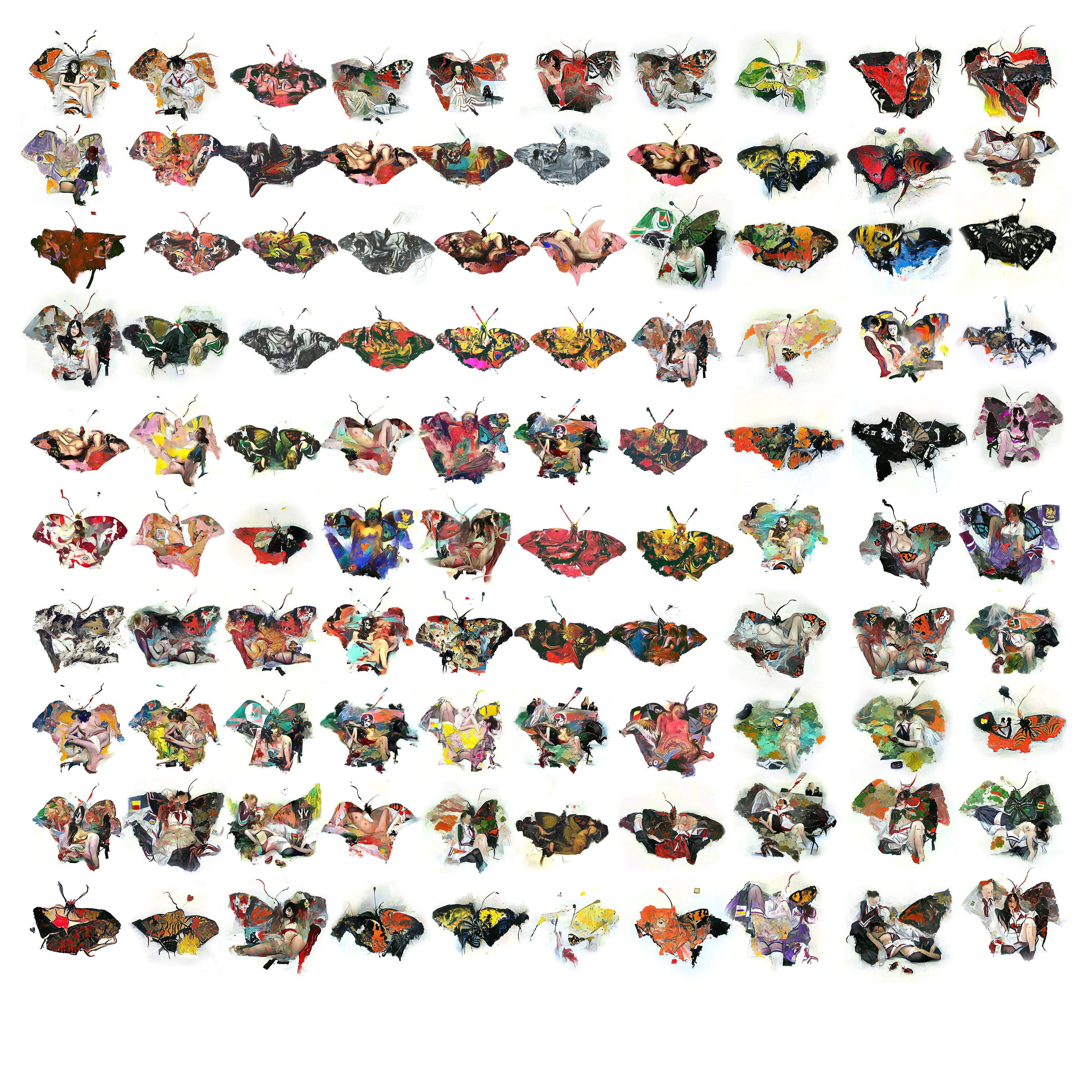 “Blooming Valetudinarian” is a stunning interplay between attraction and repulsion. As a group, the forms read as 100 beautiful winged insects, a diverse entomological collection of moths or butterflies. But upon closer examination, many of the butterflies reveal a surreal vignette of entangled biomorphic forms that feel voyeuristic if not bordering on pornographic. Shkipin’s specimens elicit unsettling emotions similar to works from Egon Schiele or Francis Bacon. The images pull in just enough elements from reality to hint at the familiar, while largely leaving us on our own to fill in the blanks. The emotional resonance, compositional awareness, and sensitivity to color, brought by Shkipin highlight what neural networks like CLIP are capable of when placed in the hands of a true artist.