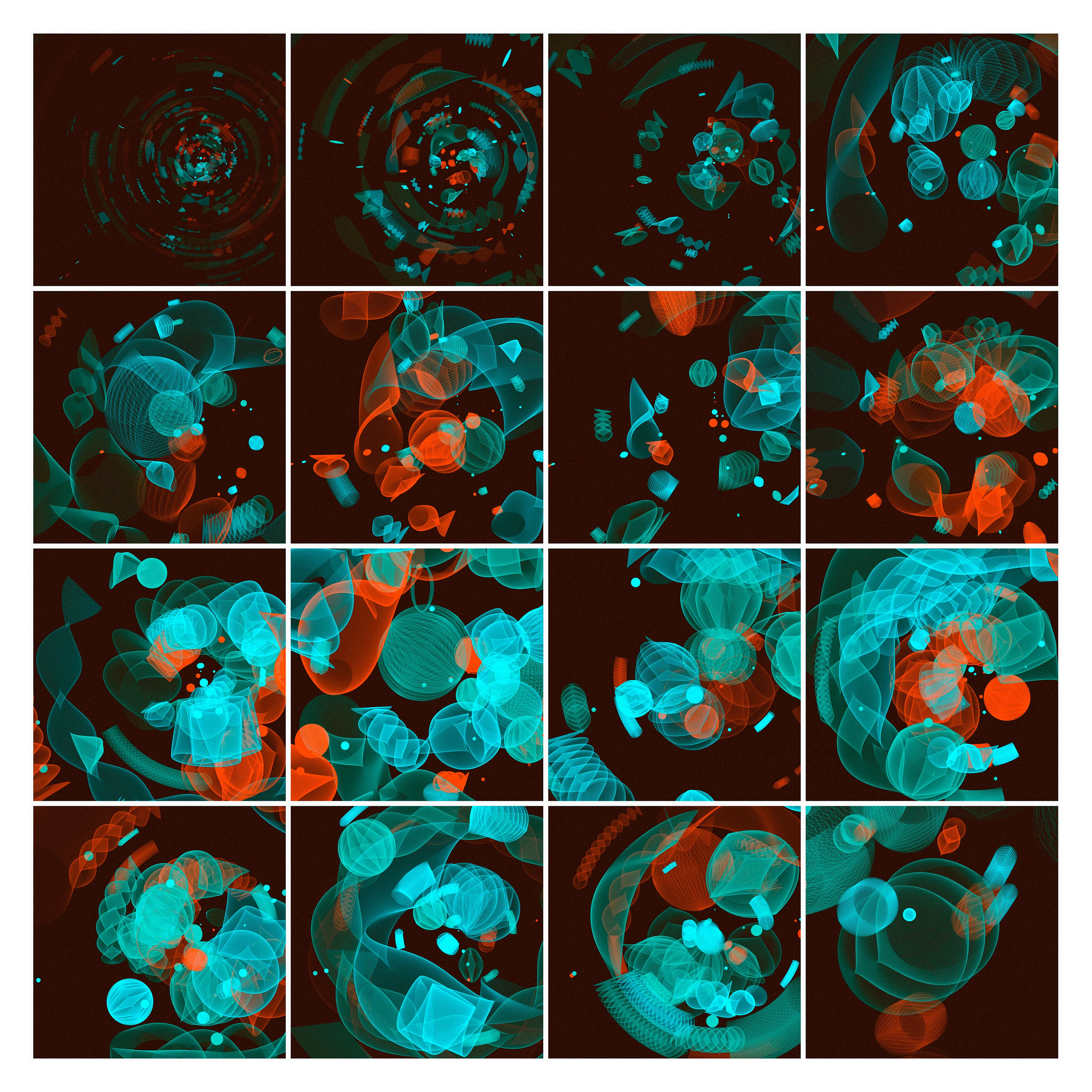 “Hypothetically Macro,” is a mysterious cluster of glowing semitransparent organic primitives. The artist leverages the Processing programming language to deeply explore several variations of a single visual theme. Exploring the creation of new worlds through generative algorithms, Velitchkova presents us with images that could just as easily be on the other side of a microscope as they could a telescope. One might seem like a nucleus with quasi-biological elements embedded into a transparent cytoplasm at one minute, and the next a celestial body with an orbital structure and a background of infinite darkness. The grid reads almost like an animatic or a storyboard propelling us through a single ecosystem frame by frame.