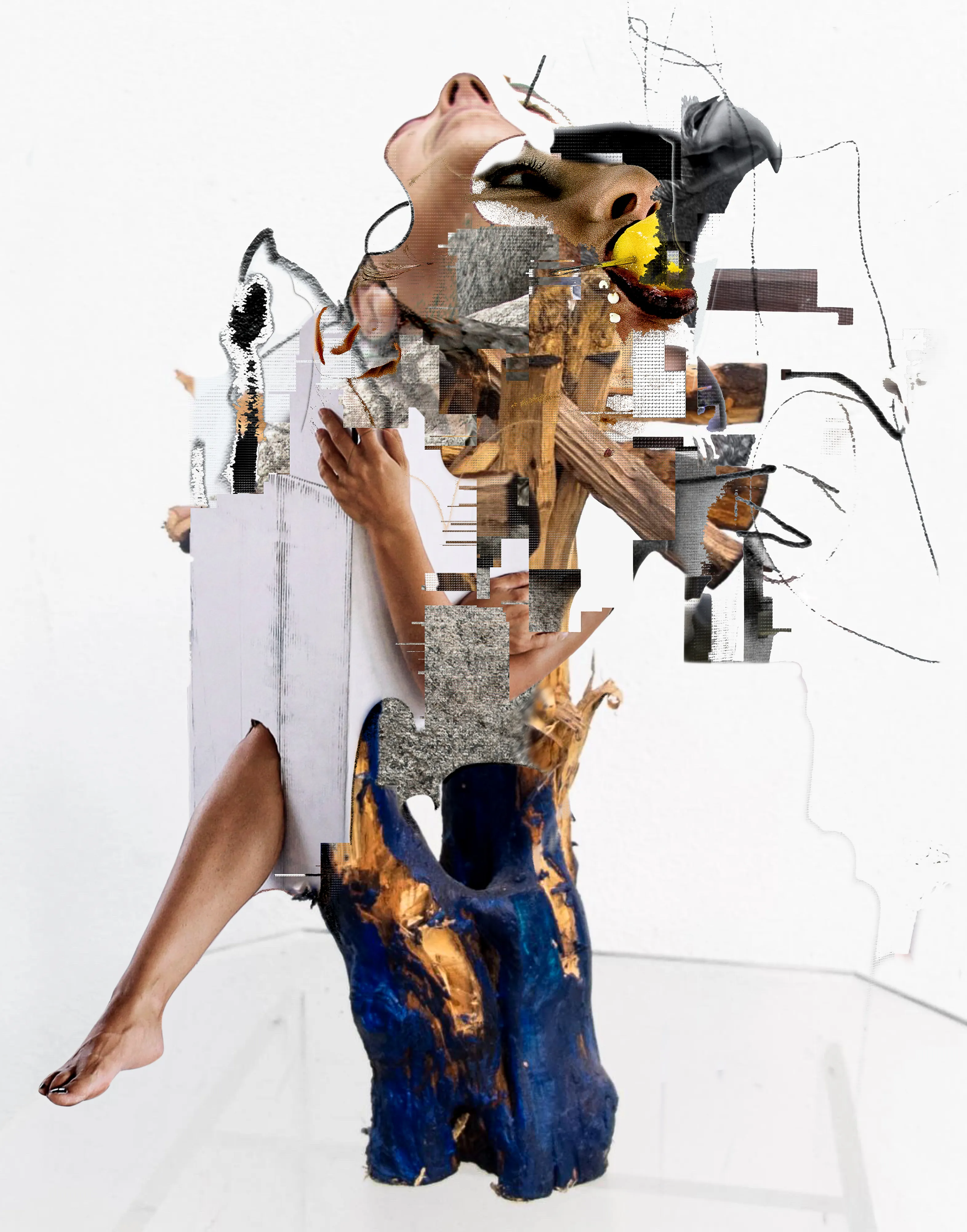 fragments of my mother's portrait shots, jpg/data erosion of my sculptures, AI results, digital shreds of my photographs, screenshots from HD memory, mending with digital paint.