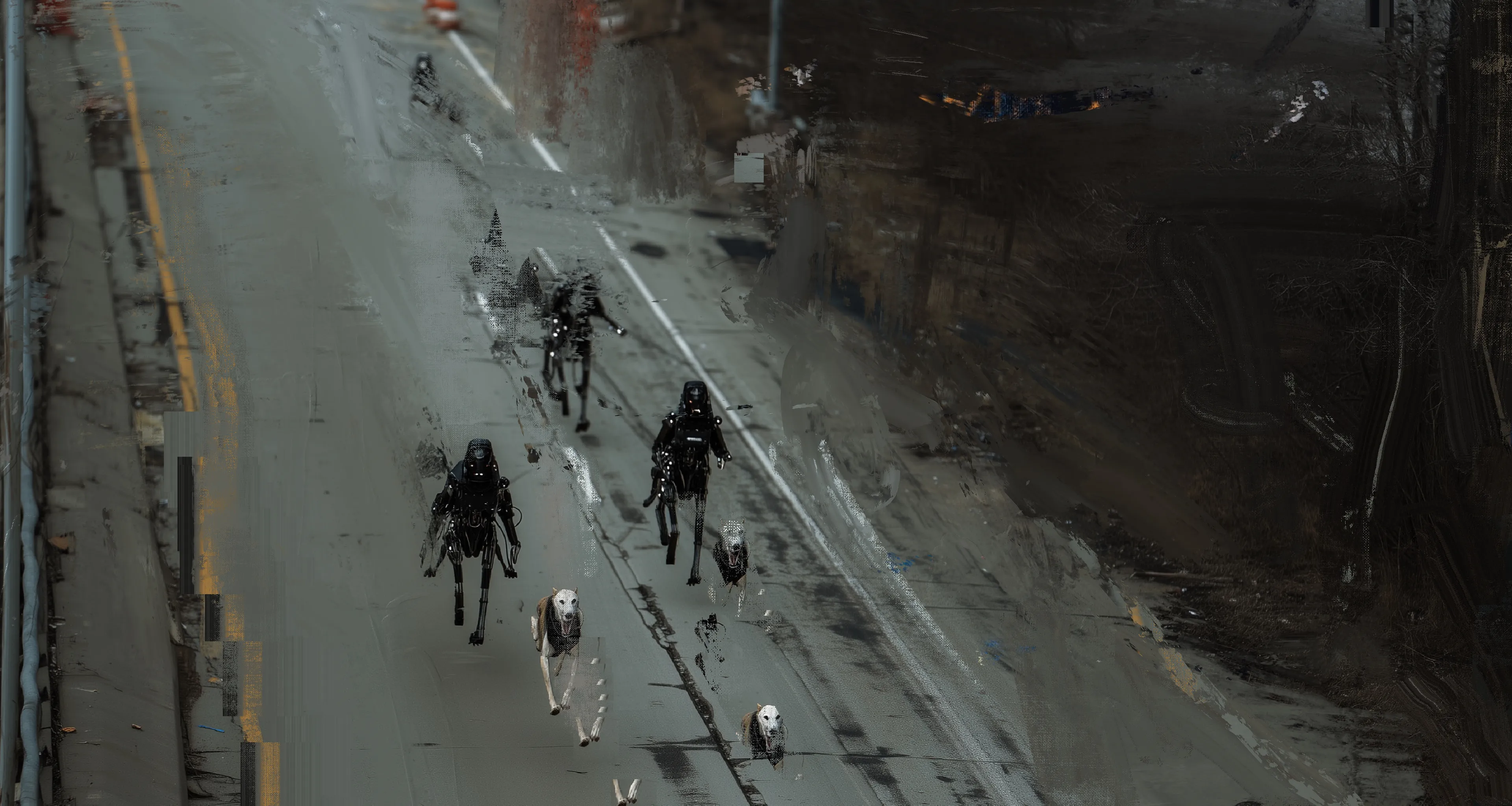 Every evening they let them loose —
organic and synthetic muscle side by side,
pounding the broken tarmac of a road to nowhere.
No finish line, just the rhythm of escape
echoing through a world too quiet to care.


In Existence Without Form, Harman continues to push the boundaries of postpainting, conjuring a near-future vision where ecology, resistance, and memory unravel across the rusted bones of the city. These are not static works—they thrum with encoded urgency, layered with the flicker of an AI music film that runs parallel to the visual language. Together, they form a kind of mythological system for a world lost to hyper-surveillance and synthetic life.

At the center of the series are hooded figures—anonymous, native, untraceable—who breed and release real fish into the tainted rivers of their city. Not as performance, but as survival. Each act becomes a quiet refusal, a reclaiming of ritual in an environment engineered to forget what came before.

Opposing them is “The CORP”—a faceless machine-logic of manufactured control. It releases robotic fish into the same waters, built to hunt the living. Their rivers become laboratories. Their streets, corridors for robot greyhounds and mechanical patrols—creatures so precisely mobile they unsettle the boundary between predator and product.

And still, the hooded ones move. Wordless, directionless, upstream against the algorithm. Not to win. Not even to be seen.

The cityscapes in these works pulse with tension—ghosted glass, corroded metal, wet concrete haunted by digital residue. Each image flickers between the real and the artificially reconstructed: part surveillance capture, part sacred painting. The line breaks down. Identity becomes smudge. Water becomes wire.

In Harman’s hands, postpainting becomes more than aesthetic—it becomes resistance. Not through spectacle, but through acts of quiet defiance. The release of life in a system built to catalogue, monetize, and erase it.

There is no crescendo. No hero myth. Just figures tending to breath and blood, behind glass, beneath drones.

They do not ask to be remembered.

They simply refuse to disappear.