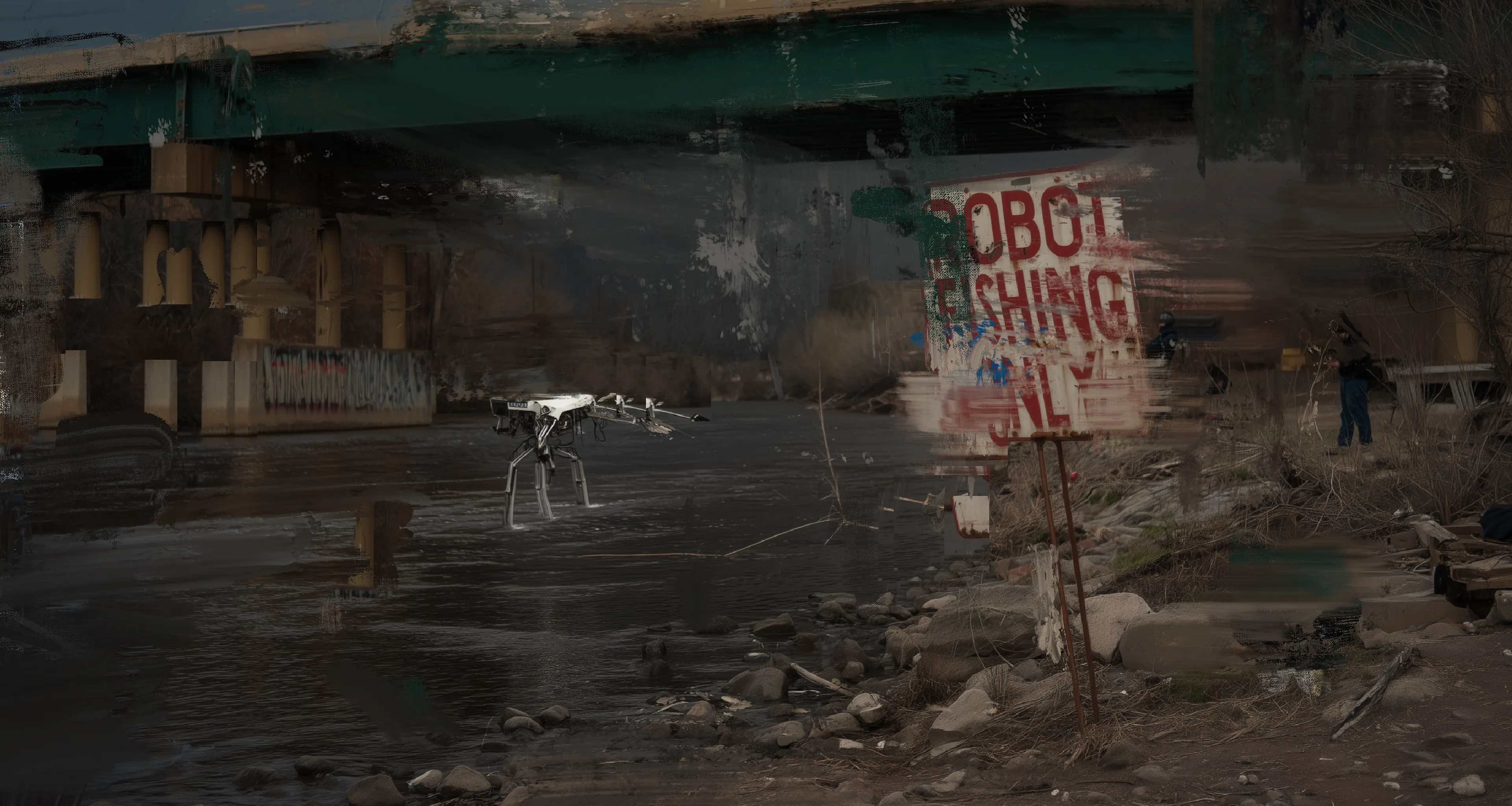 The sign was clear.
The river, less so.
Above, the drone hums with purpose —
Below, a man breaks the rules of a future that already forgot him.


In Existence Without Form, Harman continues to push the boundaries of postpainting, conjuring a near-future vision where ecology, resistance, and memory unravel across the rusted bones of the city. These are not static works—they thrum with encoded urgency, layered with the flicker of an AI music film that runs parallel to the visual language. Together, they form a kind of mythological system for a world lost to hyper-surveillance and synthetic life.

At the center of the series are hooded figures—anonymous, native, untraceable—who breed and release real fish into the tainted rivers of their city. Not as performance, but as survival. Each act becomes a quiet refusal, a reclaiming of ritual in an environment engineered to forget what came before.

Opposing them is “The CORP”—a faceless machine-logic of manufactured control. It releases robotic fish into the same waters, built to hunt the living. Their rivers become laboratories. Their streets, corridors for robot greyhounds and mechanical patrols—creatures so precisely mobile they unsettle the boundary between predator and product.

And still, the hooded ones move. Wordless, directionless, upstream against the algorithm. Not to win. Not even to be seen.

The cityscapes in these works pulse with tension—ghosted glass, corroded metal, wet concrete haunted by digital residue. Each image flickers between the real and the artificially reconstructed: part surveillance capture, part sacred painting. The line breaks down. Identity becomes smudge. Water becomes wire.

In Harman’s hands, postpainting becomes more than aesthetic—it becomes resistance. Not through spectacle, but through acts of quiet defiance. The release of life in a system built to catalogue, monetize, and erase it.

There is no crescendo. No hero myth. Just figures tending to breath and blood, behind glass, beneath drones.

They do not ask to be remembered.

They simply refuse to disappear.