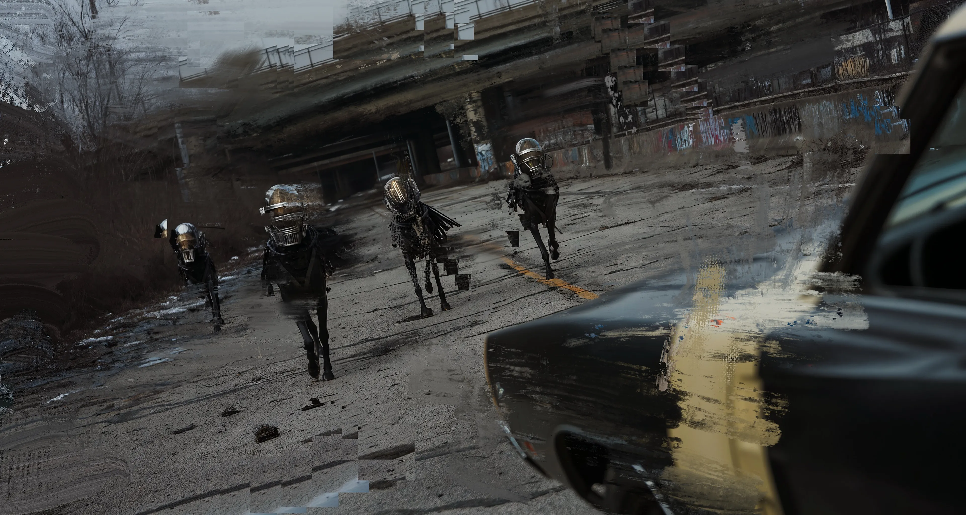 
No sirens.
No warnings.
Just asphalt cracking under titanium limbs
and the heat shimmer off a silent engine.
They don’t bark.
They don’t pause.
They run calculations in place of instinct.
And they’ve already closed the distance.


In Existence Without Form, Harman continues to push the boundaries of postpainting, conjuring a near-future vision where ecology, resistance, and memory unravel across the rusted bones of the city. These are not static works—they thrum with encoded urgency, layered with the flicker of an AI music film that runs parallel to the visual language. Together, they form a kind of mythological system for a world lost to hyper-surveillance and synthetic life.

At the center of the series are hooded figures—anonymous, native, untraceable—who breed and release real fish into the tainted rivers of their city. Not as performance, but as survival. Each act becomes a quiet refusal, a reclaiming of ritual in an environment engineered to forget what came before.

Opposing them is “The CORP”—a faceless machine-logic of manufactured control. It releases robotic fish into the same waters, built to hunt the living. Their rivers become laboratories. Their streets, corridors for robot greyhounds and mechanical patrols—creatures so precisely mobile they unsettle the boundary between predator and product.

And still, the hooded ones move. Wordless, directionless, upstream against the algorithm. Not to win. Not even to be seen.

The cityscapes in these works pulse with tension—ghosted glass, corroded metal, wet concrete haunted by digital residue. Each image flickers between the real and the artificially reconstructed: part surveillance capture, part sacred painting. The line breaks down. Identity becomes smudge. Water becomes wire.

In Harman’s hands, postpainting becomes more than aesthetic—it becomes resistance. Not through spectacle, but through acts of quiet defiance. The release of life in a system built to catalogue, monetize, and erase it.

There is no crescendo. No hero myth. Just figures tending to breath and blood, behind glass, beneath drones.

They do not ask to be remembered.

They simply refuse to disappear.