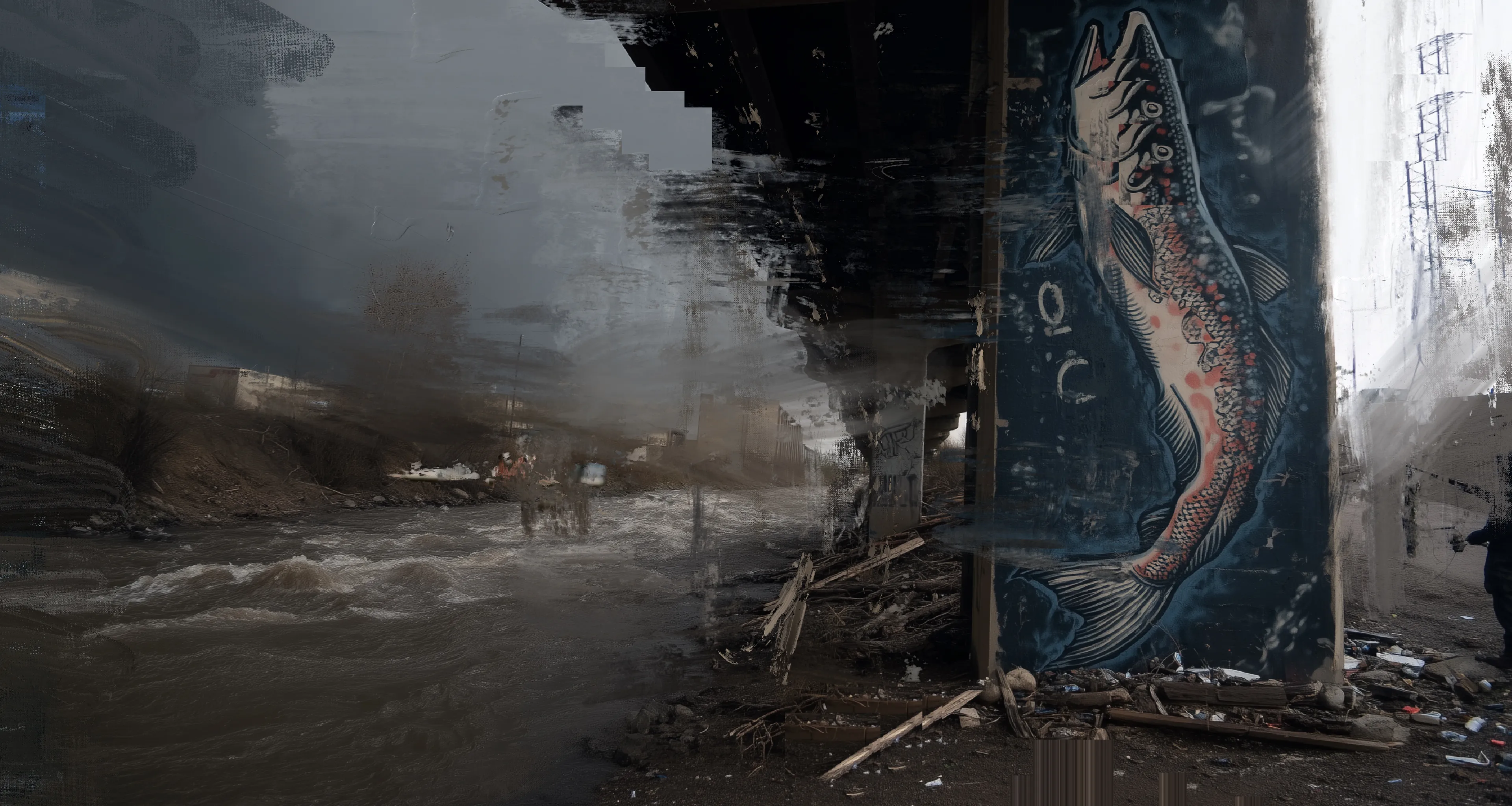 They painted the fish
long after the last one died.
Now the river runs thick
with data, runoff,
and forgotten language.
A sermon preached in brine and rust,
heard only by machines.


In Existence Without Form, Harman continues to push the boundaries of postpainting, conjuring a near-future vision where ecology, resistance, and memory unravel across the rusted bones of the city. These are not static works—they thrum with encoded urgency, layered with the flicker of an AI music film that runs parallel to the visual language. Together, they form a kind of mythological system for a world lost to hyper-surveillance and synthetic life.

At the center of the series are hooded figures—anonymous, native, untraceable—who breed and release real fish into the tainted rivers of their city. Not as performance, but as survival. Each act becomes a quiet refusal, a reclaiming of ritual in an environment engineered to forget what came before.

Opposing them is “The CORP”—a faceless machine-logic of manufactured control. It releases robotic fish into the same waters, built to hunt the living. Their rivers become laboratories. Their streets, corridors for robot greyhounds and mechanical patrols—creatures so precisely mobile they unsettle the boundary between predator and product.

And still, the hooded ones move. Wordless, directionless, upstream against the algorithm. Not to win. Not even to be seen.

The cityscapes in these works pulse with tension—ghosted glass, corroded metal, wet concrete haunted by digital residue. Each image flickers between the real and the artificially reconstructed: part surveillance capture, part sacred painting. The line breaks down. Identity becomes smudge. Water becomes wire.

In Harman’s hands, postpainting becomes more than aesthetic—it becomes resistance. Not through spectacle, but through acts of quiet defiance. The release of life in a system built to catalogue, monetize, and erase it.

There is no crescendo. No hero myth. Just figures tending to breath and blood, behind glass, beneath drones.

They do not ask to be remembered.

They simply refuse to disappear.