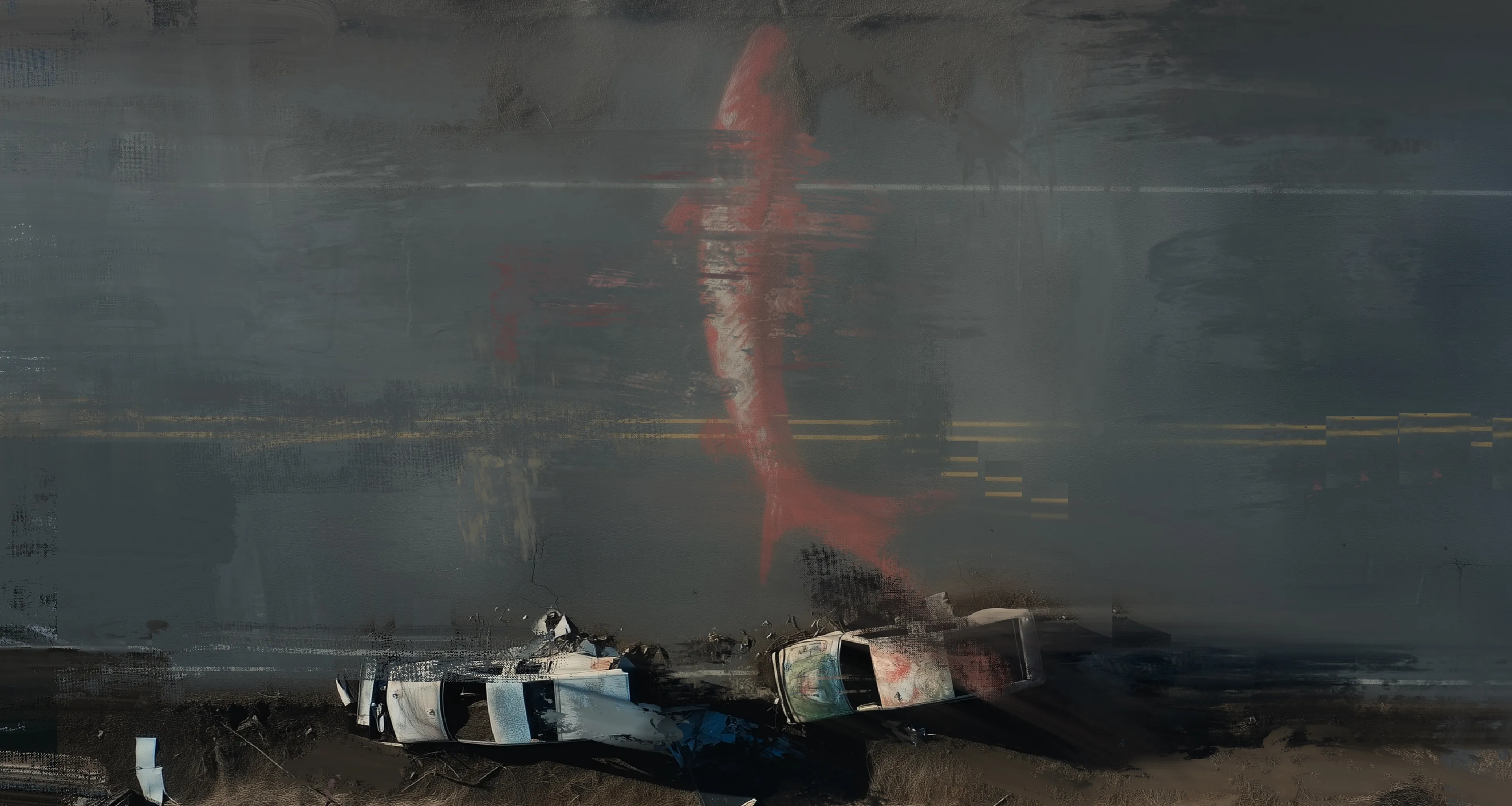 A salmon hovers like memory—painted, real, imagined—across the broken highway.
The asphalt is quiet now,
except for the echo of migration rerouted
and the fossil-stamped wrecks beneath it.
No rivers left,
just lines.


In Existence Without Form, Harman continues to push the boundaries of postpainting, conjuring a near-future vision where ecology, resistance, and memory unravel across the rusted bones of the city. These are not static works—they thrum with encoded urgency, layered with the flicker of an AI music film that runs parallel to the visual language. Together, they form a kind of mythological system for a world lost to hyper-surveillance and synthetic life.

At the center of the series are hooded figures—anonymous, native, untraceable—who breed and release real fish into the tainted rivers of their city. Not as performance, but as survival. Each act becomes a quiet refusal, a reclaiming of ritual in an environment engineered to forget what came before.

Opposing them is “The CORP”—a faceless machine-logic of manufactured control. It releases robotic fish into the same waters, built to hunt the living. Their rivers become laboratories. Their streets, corridors for robot greyhounds and mechanical patrols—creatures so precisely mobile they unsettle the boundary between predator and product.

And still, the hooded ones move. Wordless, directionless, upstream against the algorithm. Not to win. Not even to be seen.

The cityscapes in these works pulse with tension—ghosted glass, corroded metal, wet concrete haunted by digital residue. Each image flickers between the real and the artificially reconstructed: part surveillance capture, part sacred painting. The line breaks down. Identity becomes smudge. Water becomes wire.

In Harman’s hands, postpainting becomes more than aesthetic—it becomes resistance. Not through spectacle, but through acts of quiet defiance. The release of life in a system built to catalogue, monetize, and erase it.

There is no crescendo. No hero myth. Just figures tending to breath and blood, behind glass, beneath drones.

They do not ask to be remembered.

They simply refuse to disappear.
