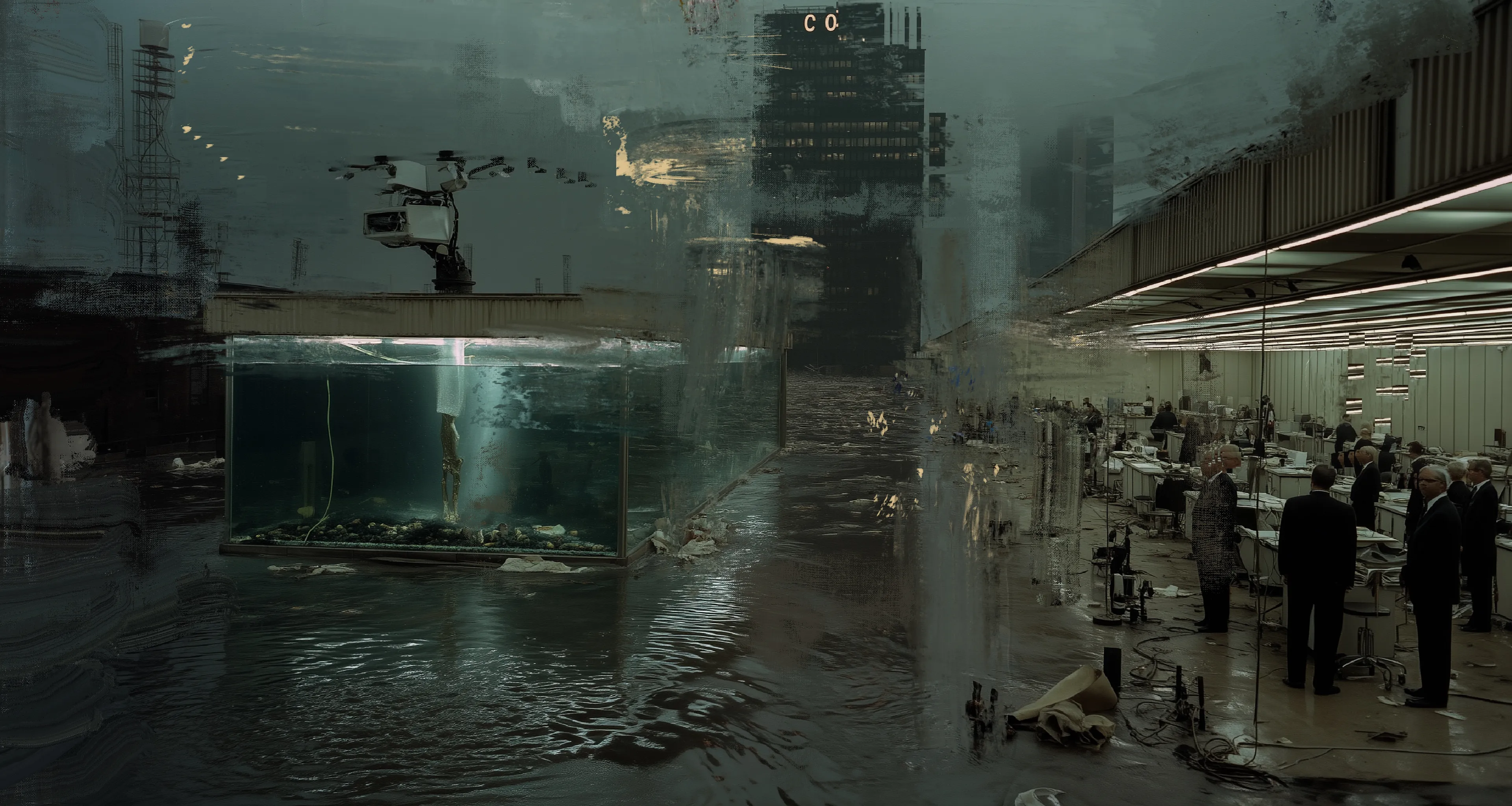 In the flooded halls of the corporate lab,
a single drone hovers,
lowering a bionic limb into a glass sarcophagus.
Men in suits gather in flickering light,
debating margins while a drowned world
presses its face to the windows.


In Existence Without Form, Harman continues to push the boundaries of postpainting, conjuring a near-future vision where ecology, resistance, and memory unravel across the rusted bones of the city. These are not static works—they thrum with encoded urgency, layered with the flicker of an AI music film that runs parallel to the visual language. Together, they form a kind of mythological system for a world lost to hyper-surveillance and synthetic life.

At the center of the series are hooded figures—anonymous, native, untraceable—who breed and release real fish into the tainted rivers of their city. Not as performance, but as survival. Each act becomes a quiet refusal, a reclaiming of ritual in an environment engineered to forget what came before.

Opposing them is “The CORP”—a faceless machine-logic of manufactured control. It releases robotic fish into the same waters, built to hunt the living. Their rivers become laboratories. Their streets, corridors for robot greyhounds and mechanical patrols—creatures so precisely mobile they unsettle the boundary between predator and product.

And still, the hooded ones move. Wordless, directionless, upstream against the algorithm. Not to win. Not even to be seen.

The cityscapes in these works pulse with tension—ghosted glass, corroded metal, wet concrete haunted by digital residue. Each image flickers between the real and the artificially reconstructed: part surveillance capture, part sacred painting. The line breaks down. Identity becomes smudge. Water becomes wire.

In Harman’s hands, postpainting becomes more than aesthetic—it becomes resistance. Not through spectacle, but through acts of quiet defiance. The release of life in a system built to catalogue, monetize, and erase it.

There is no crescendo. No hero myth. Just figures tending to breath and blood, behind glass, beneath drones.

They do not ask to be remembered.

They simply refuse to disappear.