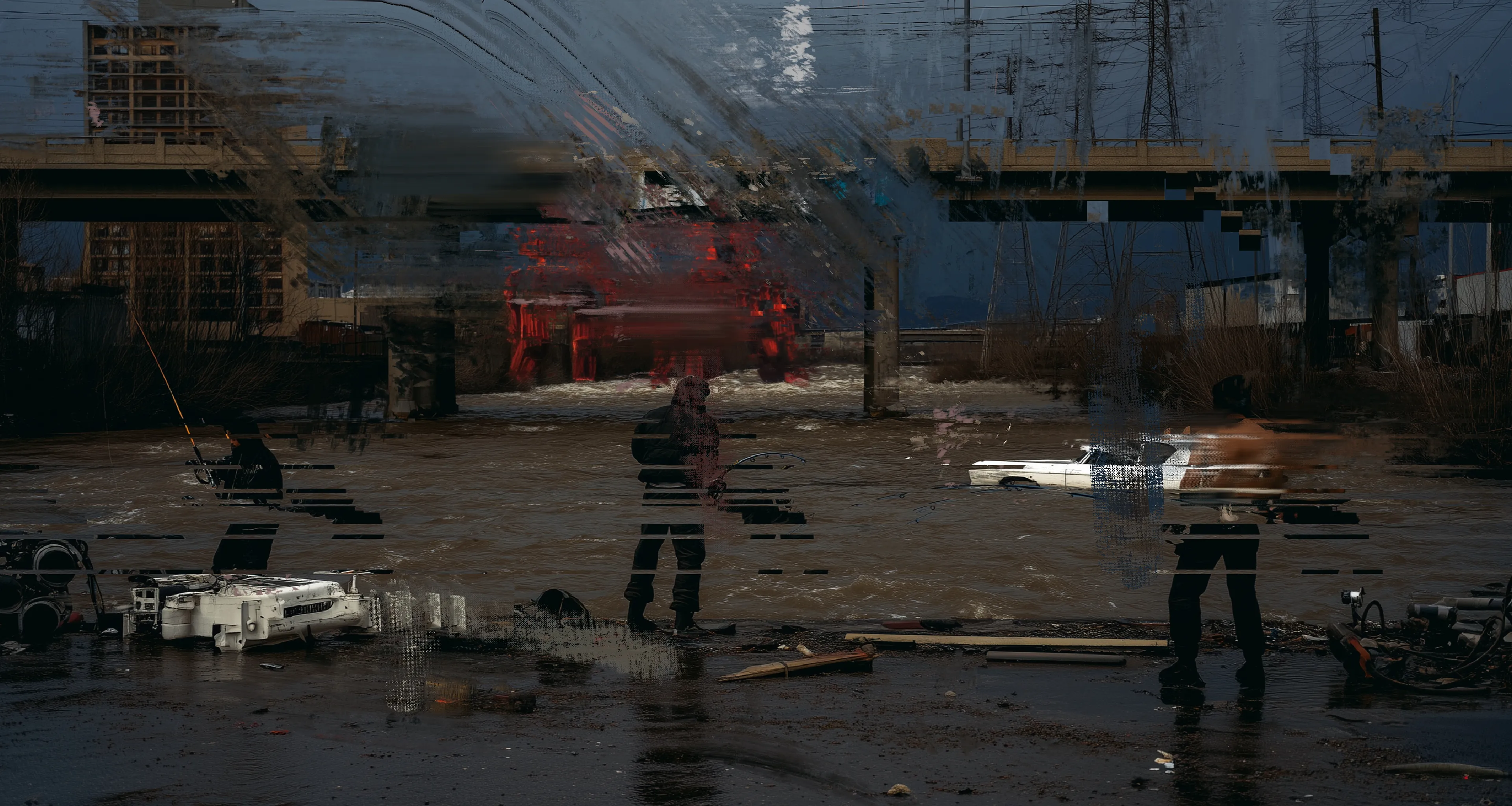The river's black gospel rises.
Three cast lines into the flood—
not for fish,
but for memory,
for proof that something
once lived in the filth.
The city burns behind them,
but they don’t turn around.


In Existence Without Form, Harman continues to push the boundaries of postpainting, conjuring a near-future vision where ecology, resistance, and memory unravel across the rusted bones of the city. These are not static works—they thrum with encoded urgency, layered with the flicker of an AI music film that runs parallel to the visual language. Together, they form a kind of mythological system for a world lost to hyper-surveillance and synthetic life.

At the center of the series are hooded figures—anonymous, native, untraceable—who breed and release real fish into the tainted rivers of their city. Not as performance, but as survival. Each act becomes a quiet refusal, a reclaiming of ritual in an environment engineered to forget what came before.

Opposing them is “The CORP”—a faceless machine-logic of manufactured control. It releases robotic fish into the same waters, built to hunt the living. Their rivers become laboratories. Their streets, corridors for robot greyhounds and mechanical patrols—creatures so precisely mobile they unsettle the boundary between predator and product.

And still, the hooded ones move. Wordless, directionless, upstream against the algorithm. Not to win. Not even to be seen.

The cityscapes in these works pulse with tension—ghosted glass, corroded metal, wet concrete haunted by digital residue. Each image flickers between the real and the artificially reconstructed: part surveillance capture, part sacred painting. The line breaks down. Identity becomes smudge. Water becomes wire.

In Harman’s hands, postpainting becomes more than aesthetic—it becomes resistance. Not through spectacle, but through acts of quiet defiance. The release of life in a system built to catalogue, monetize, and erase it.

There is no crescendo. No hero myth. Just figures tending to breath and blood, behind glass, beneath drones.

They do not ask to be remembered.

They simply refuse to disappear.