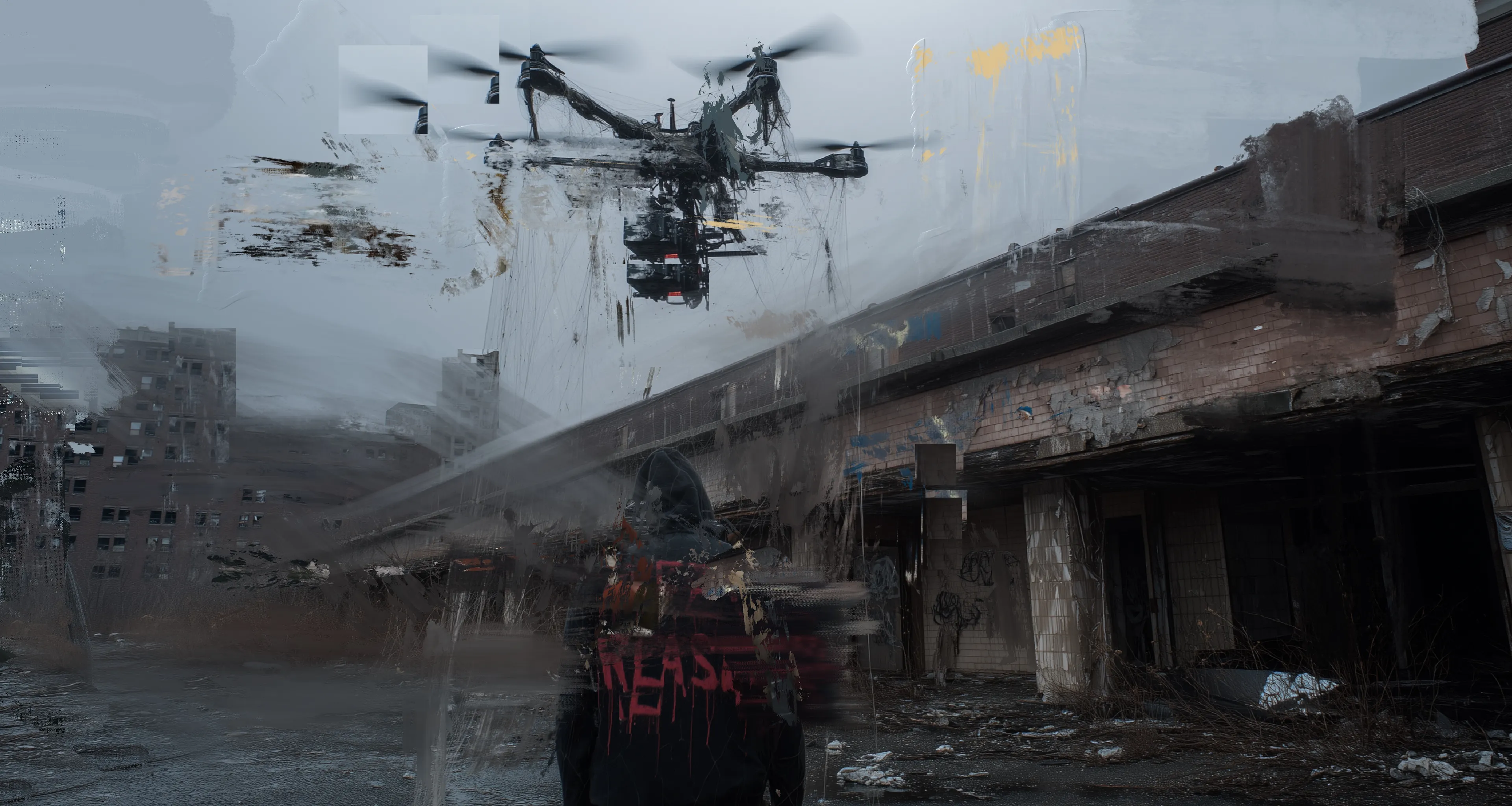 
The sky buzzes with the drone’s whisper—
a metallic eye blinking down at the last witness.
His back turned, hoodie marked with RELEASE,
he waits beneath the ruins of a shopping precinct
once filled with choice, now erased by policy.

There is no more rebellion—
only posture.
Only signal.
Only capture.

The camera doesn’t blink.
And neither does he.


In Existence Without Form, Harman continues to push the boundaries of postpainting, conjuring a near-future vision where ecology, resistance, and memory unravel across the rusted bones of the city. These are not static works—they thrum with encoded urgency, layered with the flicker of an AI music film that runs parallel to the visual language. Together, they form a kind of mythological system for a world lost to hyper-surveillance and synthetic life.

At the center of the series are hooded figures—anonymous, native, untraceable—who breed and release real fish into the tainted rivers of their city. Not as performance, but as survival. Each act becomes a quiet refusal, a reclaiming of ritual in an environment engineered to forget what came before.

Opposing them is “The CORP”—a faceless machine-logic of manufactured control. It releases robotic fish into the same waters, built to hunt the living. Their rivers become laboratories. Their streets, corridors for robot greyhounds and mechanical patrols—creatures so precisely mobile they unsettle the boundary between predator and product.

And still, the hooded ones move. Wordless, directionless, upstream against the algorithm. Not to win. Not even to be seen.

The cityscapes in these works pulse with tension—ghosted glass, corroded metal, wet concrete haunted by digital residue. Each image flickers between the real and the artificially reconstructed: part surveillance capture, part sacred painting. The line breaks down. Identity becomes smudge. Water becomes wire.

In Harman’s hands, postpainting becomes more than aesthetic—it becomes resistance. Not through spectacle, but through acts of quiet defiance. The release of life in a system built to catalogue, monetize, and erase it.

There is no crescendo. No hero myth. Just figures tending to breath and blood, behind glass, beneath drones.

They do not ask to be remembered.

They simply refuse to disappear.