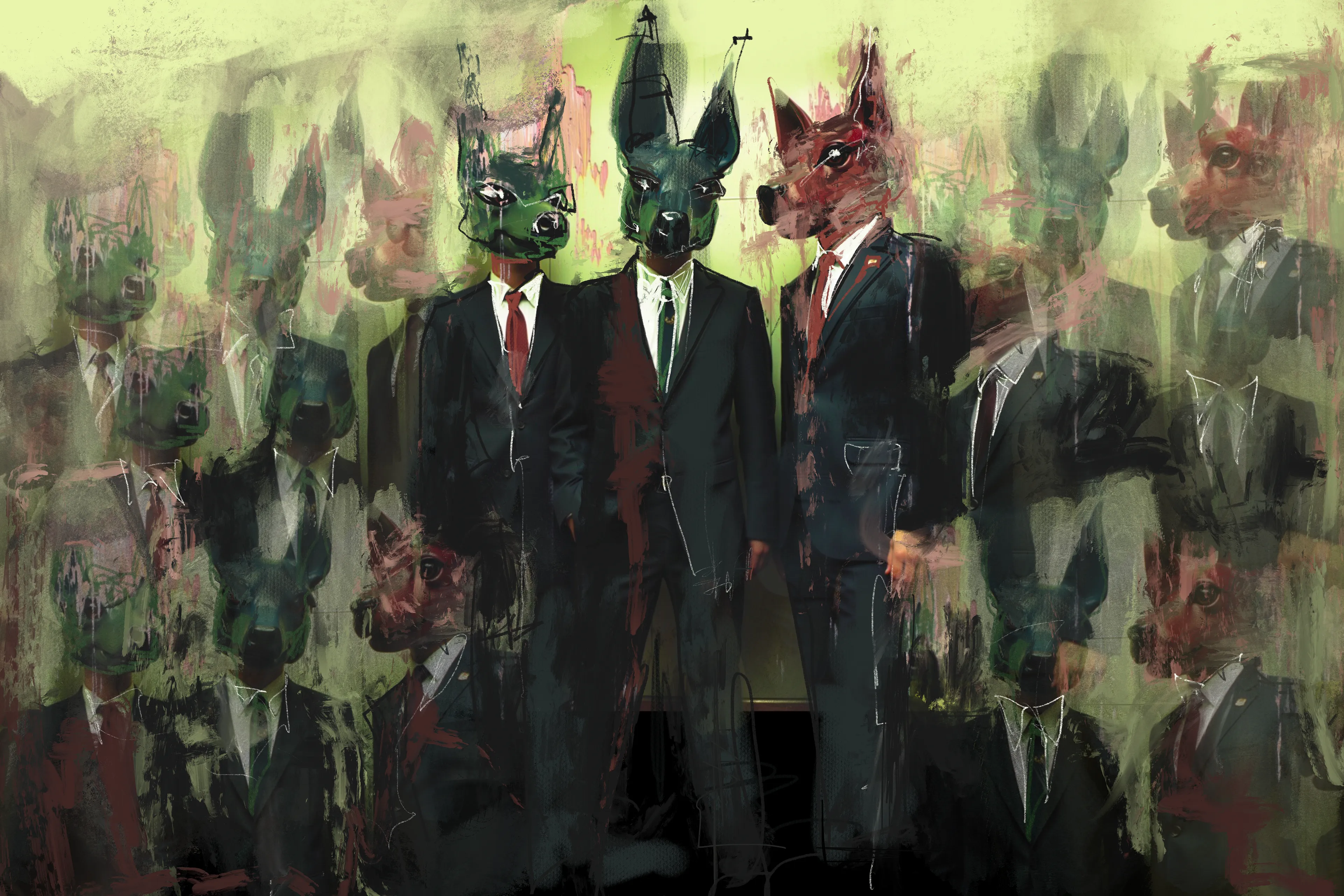 The suits are sharp. The instincts are feral.

In Pack Mentality, Miss AL Simpson pulls back the curtain on corporate power to reveal its true face—not human, but hound. These aren’t executives. They’re enforcers. Loyal to hierarchy, trained for dominance, bred to obey.

The dog heads aren’t masks—they’re revelations. Each figure is a hybrid of polish and predation, moving in sync like a boardroom ballet of compliance and control. The image blurs at the edges, like memory under surveillance—suggesting that identity, ethics, even selfhood dissolve when the pack takes over.

A digital painting, created in collaboration with AI, the piece carries a cool detachment—calculated, efficient, and unsettlingly precise. It doesn’t scream; it growls.

Pack Mentality is a portrait of the system as it is: elegant, loyal, brutal.  
