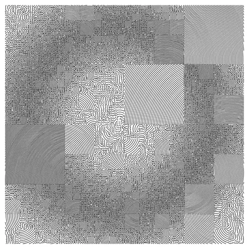 Julien Gachadoat’s “Umwelt” relies on the combination of a subdivision algorithm and a curved-line-drawing algorithm to produce a set of minimalist compositions. Each image in the series is the result of partitioning a square into a series of smaller areas and then filling those areas with a dense group of curved lines. The spacing of these lines, their orientation, and their precise curvature are defined by harmonic functions that create rhythms within a spatial geometric melody.

“Umwelt” is a software NFT, but the first collector of each edition will receive the corresponding plotter drawing shipped directly from the artist’s studio. Each software NFT includes millions of other images beyond the primary image for each edition. The software NFT and the plotter drawing aren’t linked together; the NFT can continue to be collected on a secondary market without the drawing. Click on the artwork or press the spacebar to generate a new image with a different random seed value.

The image you see on the main artwork page on Feral File is the plotter drawing for the artist-proof (AP). Compare this image of the drawing to the corresponding software version of the AP to see how the software image and the plotted drawing are related. Because the artists are using a range of papers and inks, the software and physical drawings are delightfully different.  

The “Umwelt” drawings are 42 × 29.7 cm (16.5 × 11.7 inches) on Fedrigoni Sirio White 700 gsm or Fedrigoni Sirio Ultra Black 680 gsm paper. They are drawn with Rotring Isograph Black 0.2 to 0.6 mm or Uni-Ball Signo White pens.