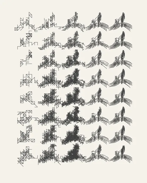 Starting with traditional art materials when he was young, Tyler Hobbs later found his way into creating images with code. Eventually, he stopped creating landscapes and portraits by hand and his work with code took center stage, but he never stopped working with traditional art materials. His graphite plotter drawings and hand-painted murals created from his code are essential elements of his work. For –GRAPH, Tyler has created “F(l)ight,” a study of the aesthetic overlap and differences between the natural world, hand-made artwork, and algorithmic tendencies. It’s a return to his long-standing interests in the continuum of representational images to total abstraction. In relation to his idea that code and algorithms become increasingly important within culture and art, Tyler says, “I am interested in what parts of the analog world we can capture, what we can improve, and what is lost.” <br/>“F(l)ight” is a software NFT, but the first collector of each edition will receive the corresponding plotter drawing shipped directly from the artist’s studio. Each software NFT includes millions of other images beyond the primary image for each edition. The software NFT and the plotter drawing aren’t linked together; the NFT can continue to be collected on a secondary market without the drawing. Click on the artwork or press the enter/return key to generate a new image with a different random seed value.<br/>The image you see on the main artwork page on Feral File is the plotter drawing for the artist-proof (AP). Compare this image of the drawing to the corresponding software version of the AP to see how the software image and the plotted drawing are related. Because the artists are using a range of papers and inks, the software and physical drawings are delightfully different.  <br/>The “F(l)ight” drawings are 40.6 × 50.8 cm (16 × 20 inches) on cream Stonehenge paper. They are drawn with a black archival ink pen.