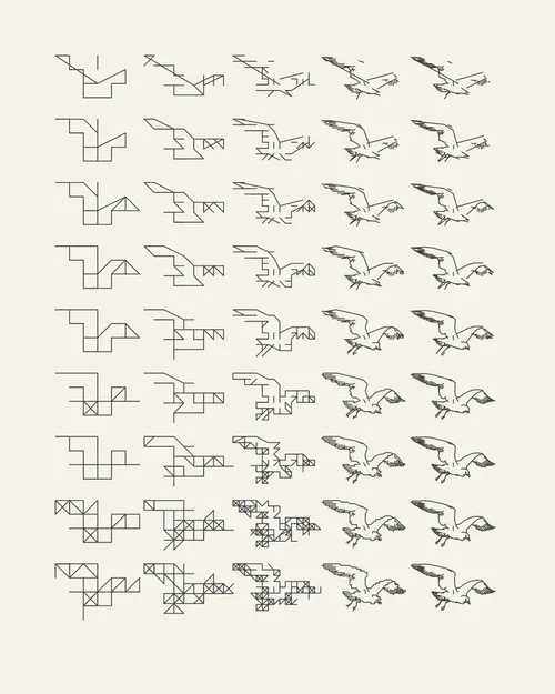 Starting with traditional art materials when he was young, Tyler Hobbs later found his way into creating images with code. Eventually, he stopped creating landscapes and portraits by hand and his work with code took center stage, but he never stopped working with traditional art materials. His graphite plotter drawings and hand-painted murals created from his code are essential elements of his work. For –GRAPH, Tyler has created “F(l)ight,” a study of the aesthetic overlap and differences between the natural world, hand-made artwork, and algorithmic tendencies. It’s a return to his long-standing interests in the continuum of representational images to total abstraction. In relation to his idea that code and algorithms become increasingly important within culture and art, Tyler says, “I am interested in what parts of the analog world we can capture, what we can improve, and what is lost.” 

“F(l)ight” is a software NFT, but the first collector of each edition will receive the corresponding plotter drawing shipped directly from the artist’s studio. Each software NFT includes millions of other images beyond the primary image for each edition. The software NFT and the plotter drawing aren’t linked together; the NFT can continue to be collected on a secondary market without the drawing. Click on the artwork or press the enter/return key to generate a new image with a different random seed value.

The image you see on the main artwork page on Feral File is the plotter drawing for the artist-proof (AP). Compare this image of the drawing to the corresponding software version of the AP to see how the software image and the plotted drawing are related. Because the artists are using a range of papers and inks, the software and physical drawings are delightfully different.  

The “F(l)ight” drawings are 40.6 × 50.8 cm (16 × 20 inches) on cream Stonehenge paper. They are drawn with a black archival ink pen.