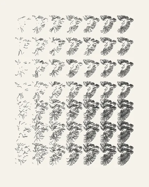 Starting with traditional art materials when he was young, Tyler Hobbs later found his way into creating images with code. Eventually, he stopped creating landscapes and portraits by hand and his work with code took center stage, but he never stopped working with traditional art materials. His graphite plotter drawings and hand-painted murals created from his code are essential elements of his work. For –GRAPH, Tyler has created “F(l)ight,” a study of the aesthetic overlap and differences between the natural world, hand-made artwork, and algorithmic tendencies. It’s a return to his long-standing interests in the continuum of representational images to total abstraction. In relation to his idea that code and algorithms become increasingly important within culture and art, Tyler says, “I am interested in what parts of the analog world we can capture, what we can improve, and what is lost.” 

“F(l)ight” is a software NFT, but the first collector of each edition will receive the corresponding plotter drawing shipped directly from the artist’s studio. Each software NFT includes millions of other images beyond the primary image for each edition. The software NFT and the plotter drawing aren’t linked together; the NFT can continue to be collected on a secondary market without the drawing. Click on the artwork or press the enter/return key to generate a new image with a different random seed value.

The image you see on the main artwork page on Feral File is the plotter drawing for the artist-proof (AP). Compare this image of the drawing to the corresponding software version of the AP to see how the software image and the plotted drawing are related. Because the artists are using a range of papers and inks, the software and physical drawings are delightfully different.  

The “F(l)ight” drawings are 40.6 × 50.8 cm (16 × 20 inches) on cream Stonehenge paper. They are drawn with a black archival ink pen.
