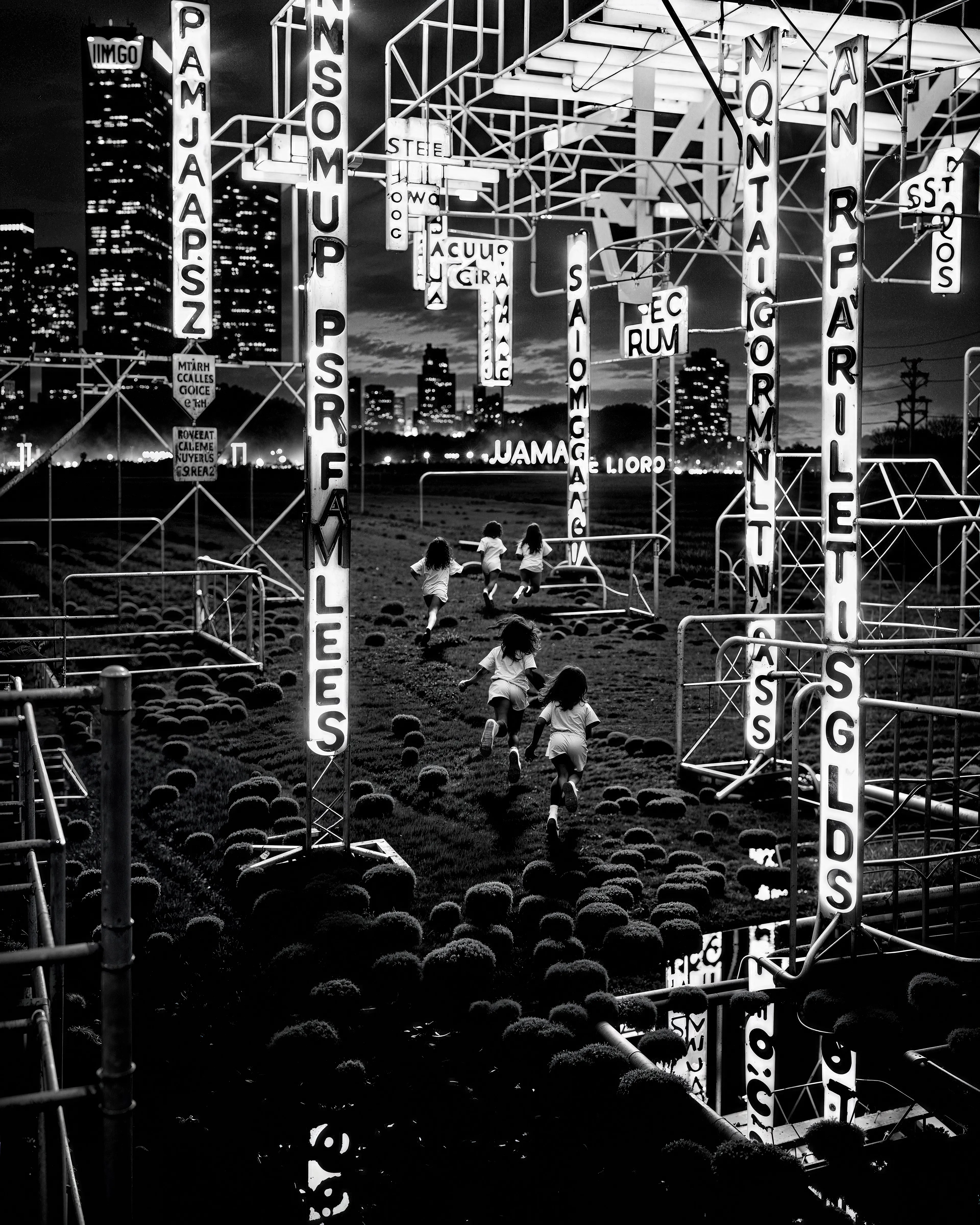 AM explores Andrea's interest in the nighttime as a space for fringe behaviors. The night is a place to explore and imagine but also a place of danger and vulnerability. It is a magical space, especially when darkness and artificial light coincide.