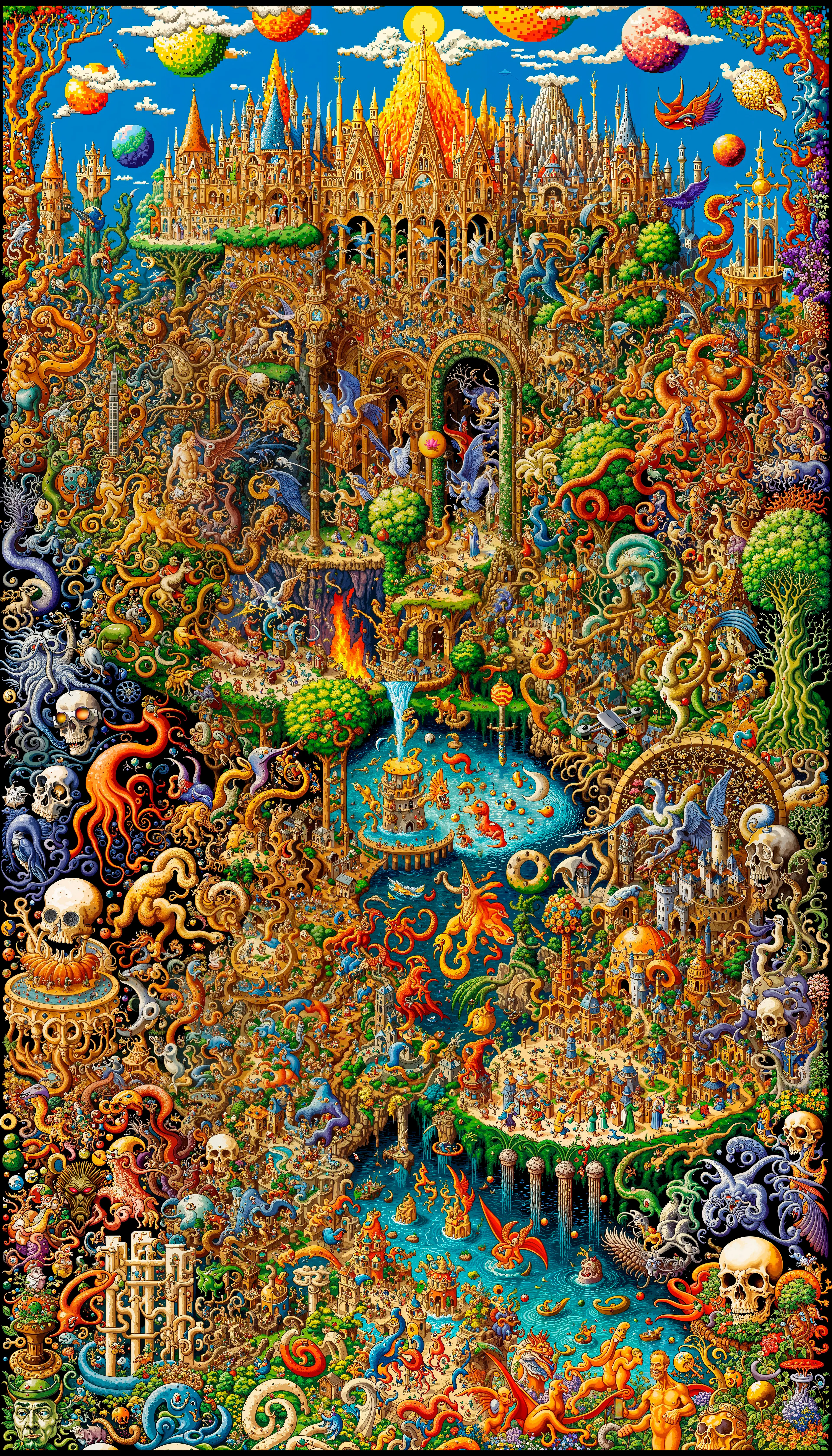 "PIXEL_ARCADIA" is the first 1/1 I minted on Ethereum in 2024. It represents a shift in focus for me, drawing inspiration from Hieronymus Bosch's timeless style while reflecting on the current hyperreality of our times. The work aims to transport us to a new dimension of detail and marvel.

This piece can be interpreted as a vision of a digital utopia—a world where technology enhances creativity and imagination. The vibrant landscapes and fantastical elements depict a future where the digital and natural worlds coexist symbiotically, showcasing technology's potential to enrich our lives.

The artwork was exhibited in Eindhoven as part of A2's Continuum Show (May 29th-May 30th), which reimagines the great masters of old in a new digital way.

It was created using Midjourney, ChatGPT4o, Dalle-3, and post-edited using Photoshop for color correction and inpainting, with additional detail enhancement via Magnific AI.

The original file is a 4096 × 7168 pixel JPEG.