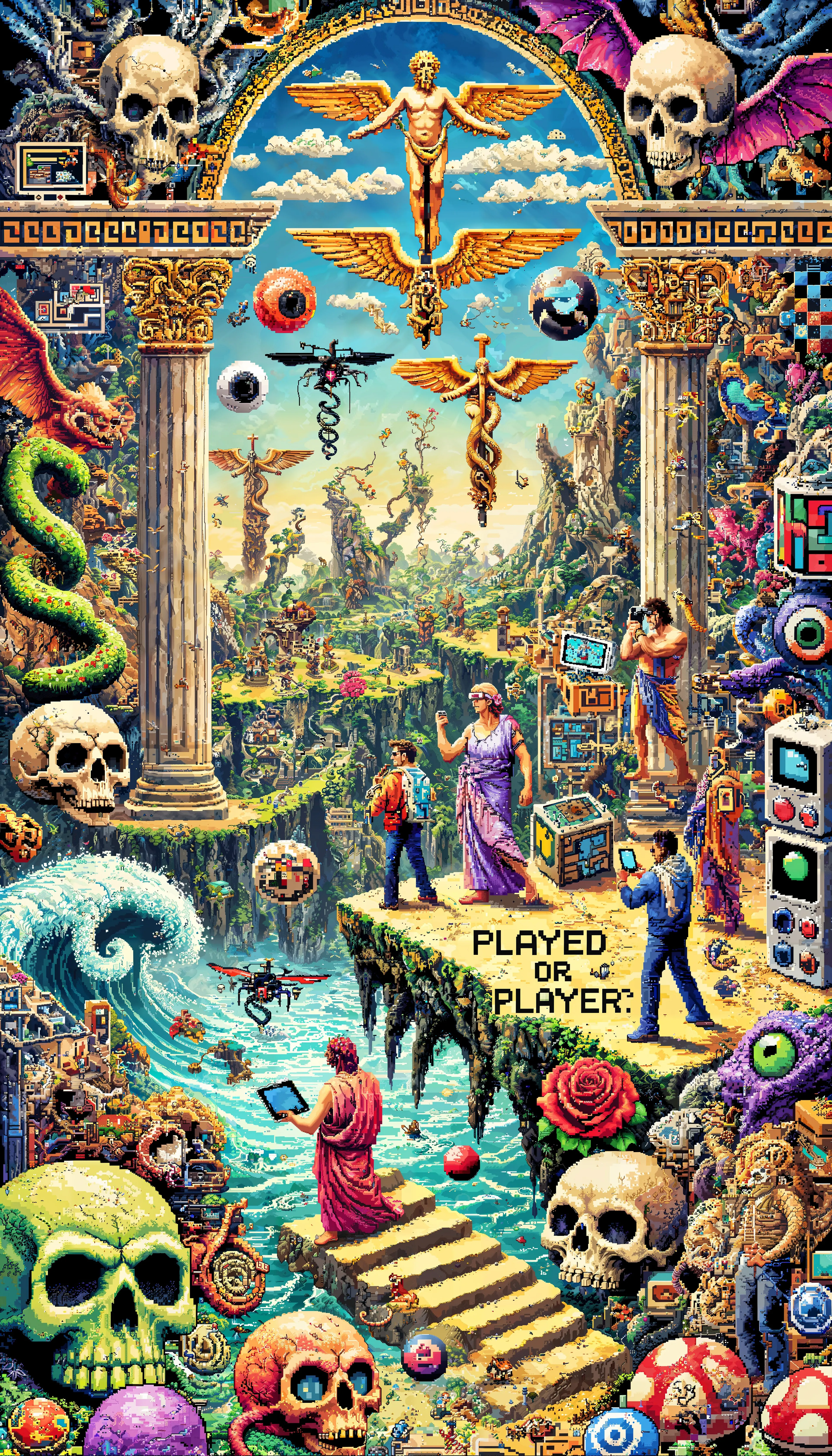 This work is the second still piece from the "Pixlosophy II" collection, and it marks a continuation of my journey in the intricate world of AI-powered Neo-Pixelism. Following the success of its predecessor, PIXEL_ARCADIA, which debuted earlier this year at the A2's Eindhoven exhibition, this piece takes pixel art into new dimensions of complexity and philosophical depth. Themes from classical mythology, digital culture, and existential thought, are explored here blurring lines between control and fate, creator and creation, game and reality.

Rendered in a style that blends the nostalgic aesthetics of 90s video game graphics with nostalgia and strong symbology, this work bridges the realms of the digital and the philosophical. It represents the ongoing evolution of my vision and asks you a question as a viewer: are you a player or just a pawn in this game?