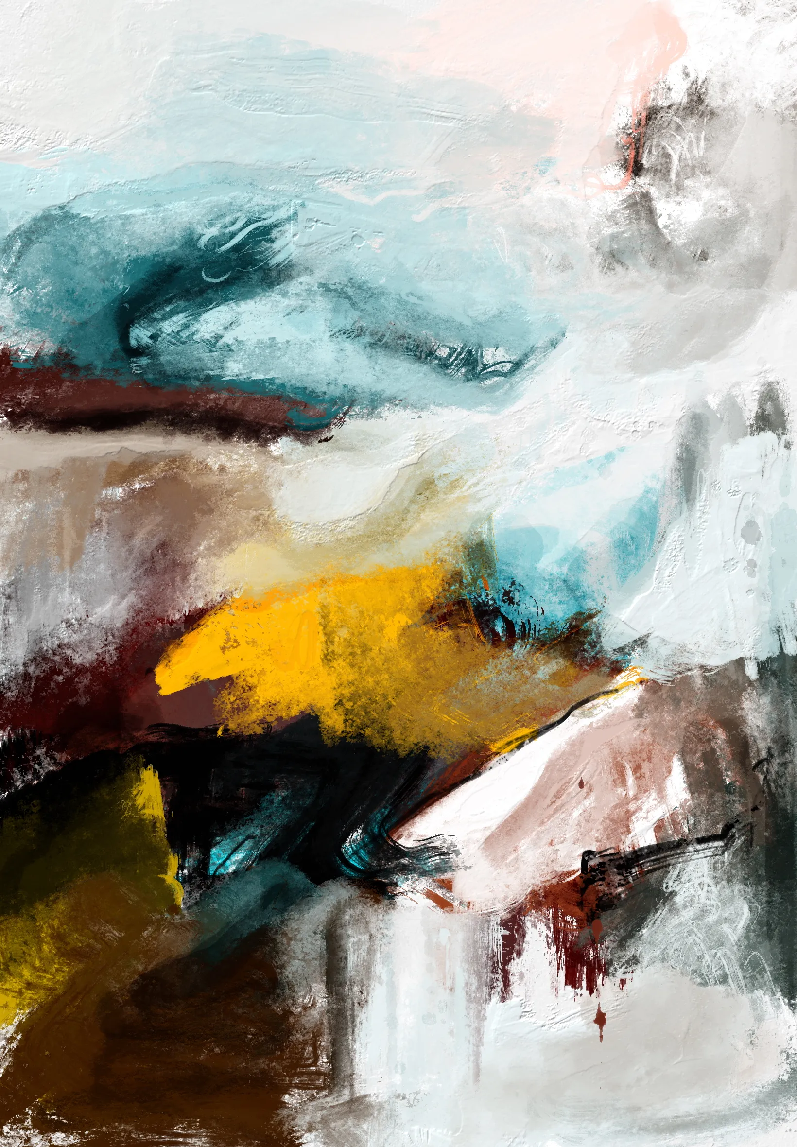 This work does not ask to be understood; it resists narrative. The pigments are not colors, they are tensions—vortices where form disintegrates into its own absence. The blue is not sky nor sea, but the memory of both before they were named. Yellow bursts through like a wound of light, rupturing the surface of perception, while the shadows swallow meaning itself. Here, matter trembles on the edge of its own erasure, suggesting that what we call “reality” is only a fragile choreography of forces, always collapsing, always reassembling. The painting is not the object; the painting is the interval where you, as a witness, are dissolved.
