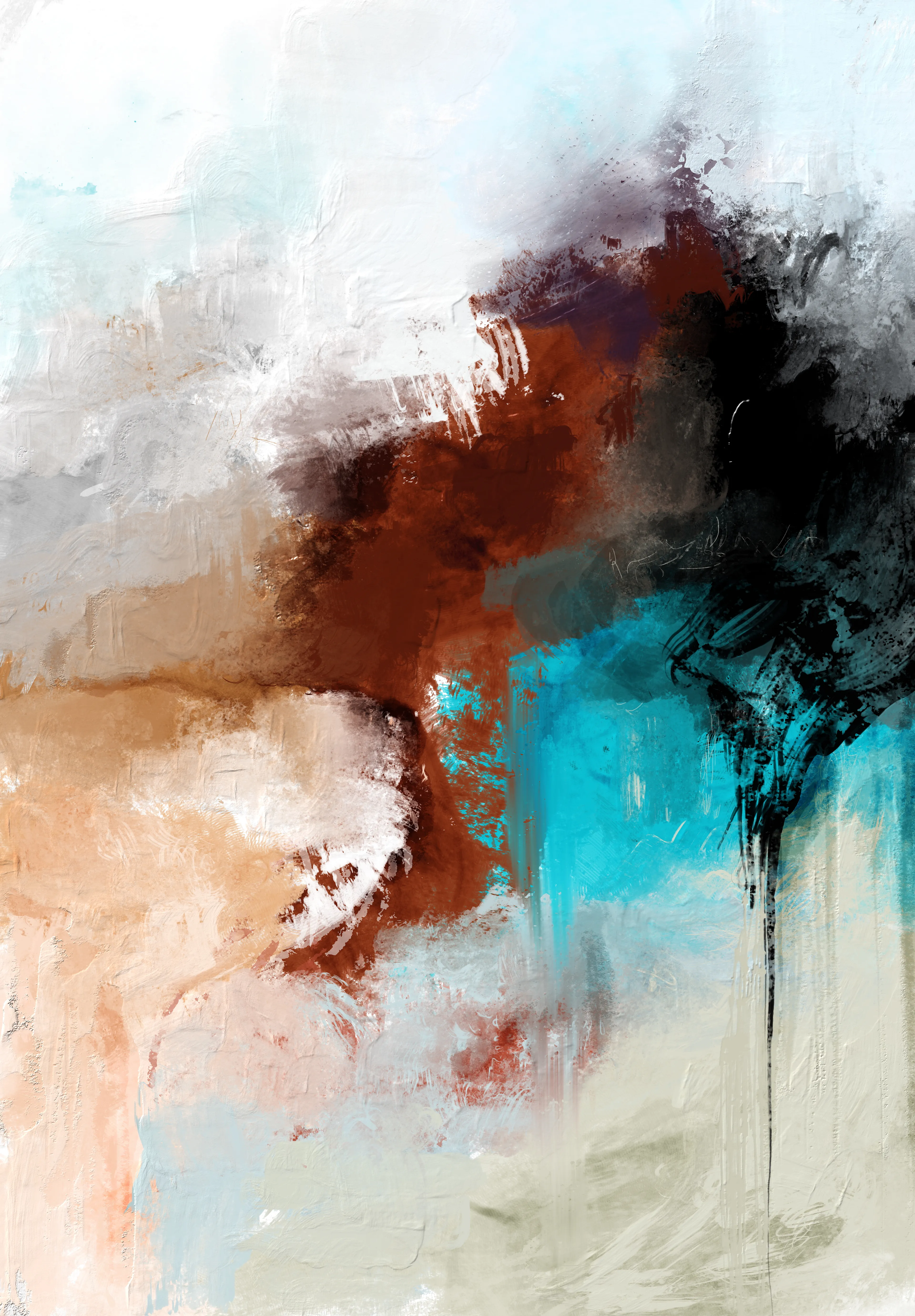 This piece is an exploration of internal landscapes—where memory, emotion, and uncertainty intersect beyond narrative form. Rather than illustrating a specific image, it invites the viewer into a shifting space, where color and texture function as emotional frequencies. The interplay between grounded earth tones, vibrant turquoise, and consuming black is intentional, evoking a sense of conflict, renewal, and reflection.

Working abstractly allows me to approach painting not as a way of representing the external world, but as a method of processing the internal one. Every layer, every mark, is a trace of presence—an imprint of hesitation, instinct, or release. This work does not seek resolution, but rather offers a space to sit with what is unresolved.