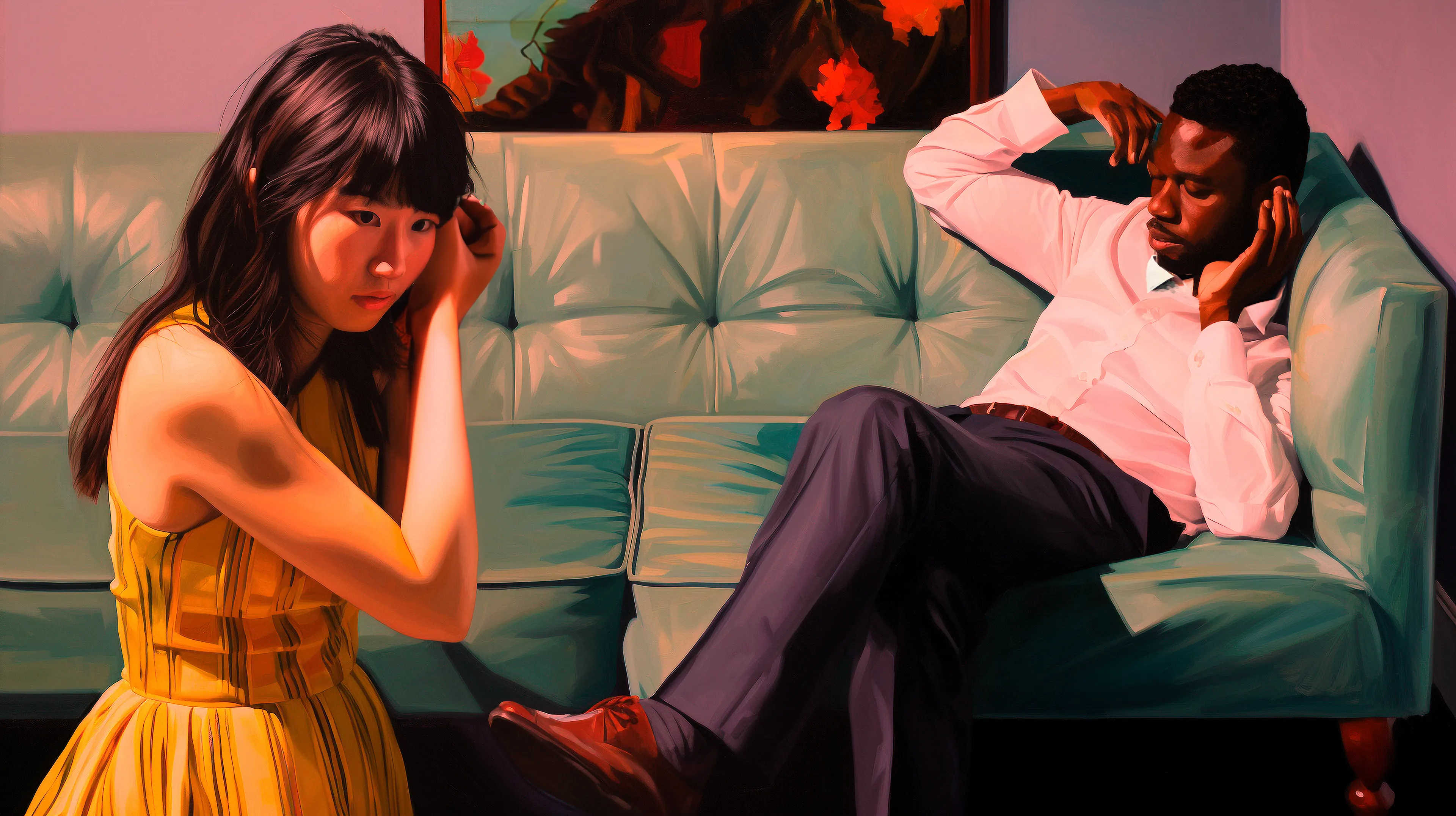 Another in a small series of couples on couches in various attitudes.

AI with editing

10192 x 5712 pixels, 300 ppi, 16.2 MB, jpeg