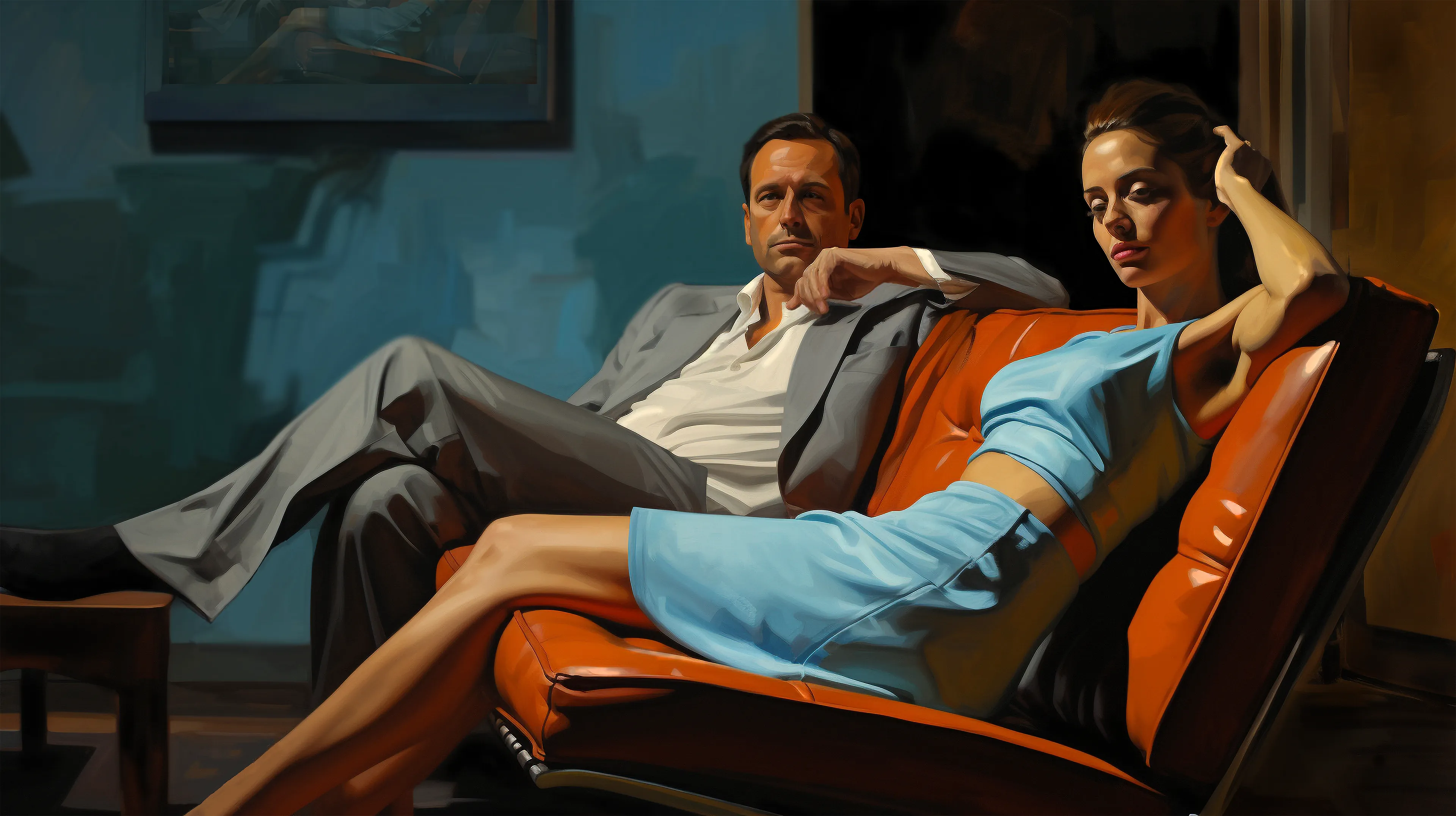 Another in a small series of couples on couches in various attitudes.

AI with editing

10192 x 5712 pixels, 300 ppi, 11.7 MB, jpeg