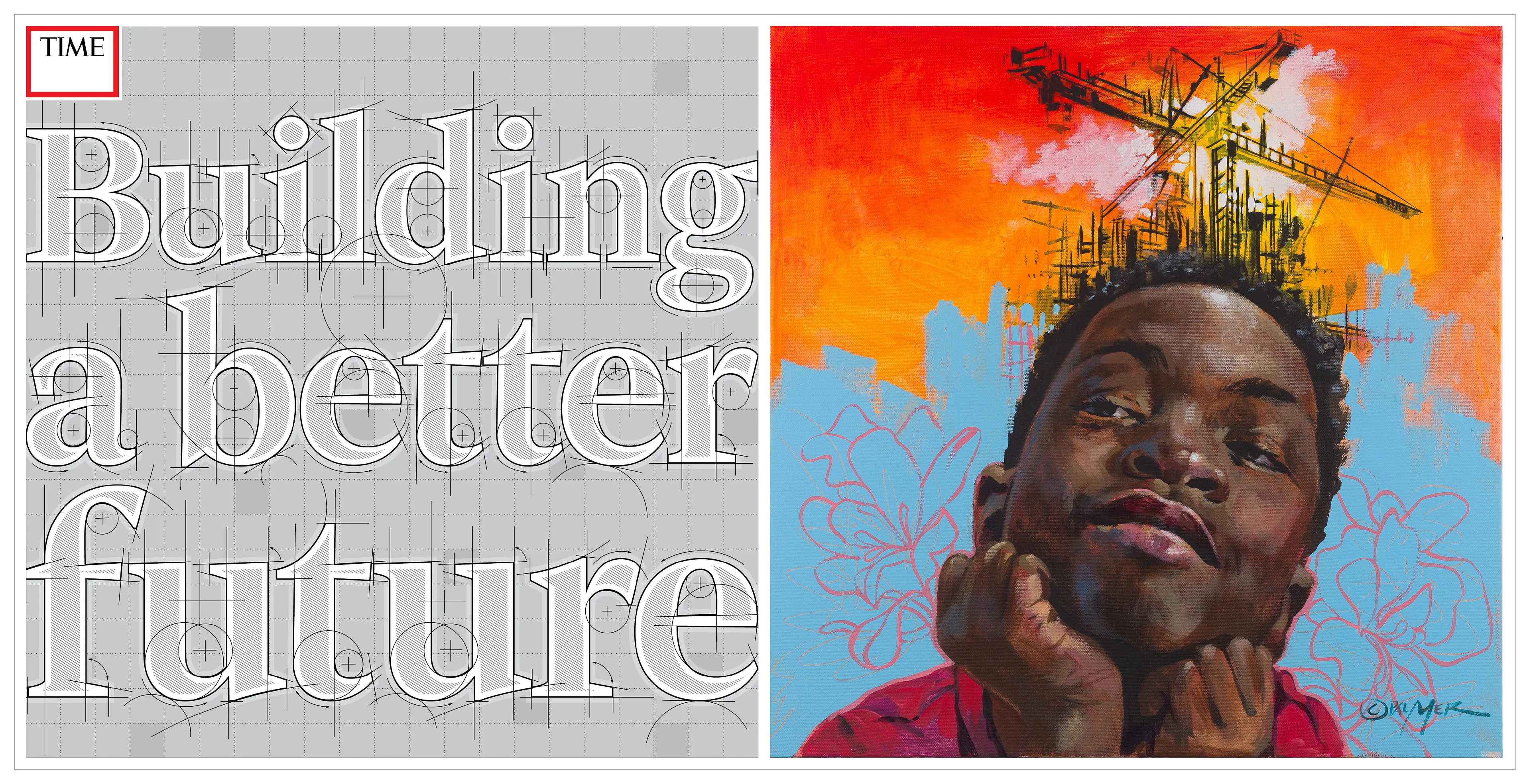 Charly Palmer. In building a better future, I believe it means building the confidence of our youth. Making sure that there are programs available to inspire original thought, . cCreativity and encouraging entrepreneurs, innovation, and philanthropists. I believe that today’s youth are consistently all those things. The inspiration for this piece is my beautiful cousin Hudson who feels more like a grandson. He’s smart, inquisitive, a thinker, and a great observer that I seem to learn something new about dinosaurs and planets every time he comes for a visit. I am invested in him because he helped me see a better future. This piece illustrates the joy of being a kid. I see in his smile and eyes hope, humor, and intelligence. Our future, better yet our world, will be in their hands. We have to believe in their worth, and pass our knowledge and experiences forward. The pandemic continues to show us that our youth are already organizing and galvanizing to improve their own lives and communities. They are our future, and in many ways, our right now.