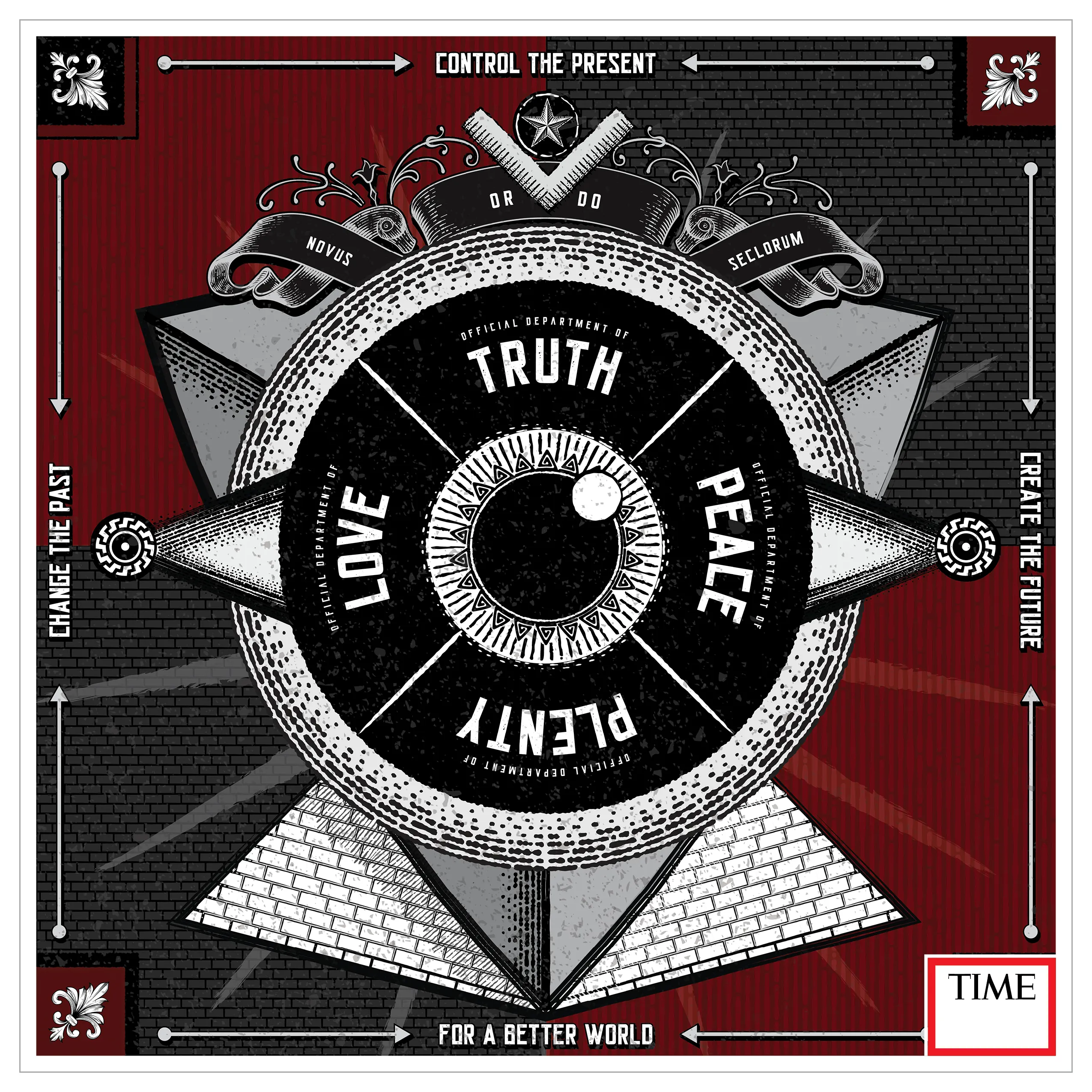 Steve Warner. There are two sides to every coin.  What’s good for one group of people might not be so good for another.  “Novus Ordo Seclorum” explores how to build a better future – not from the vantage point of the common citizen – but rather from that of a totalitarian regime.  Inspired by Orwell’s fictional “1984” and a barrage of factual news stories gathered throughout 2020-2021, this tarot-themed artwork peers into the not-too-distant future to divine the foundations and machinations of the coming world order.  Only by understanding the very real dangers that threaten our freedoms can we work together to build a better future.