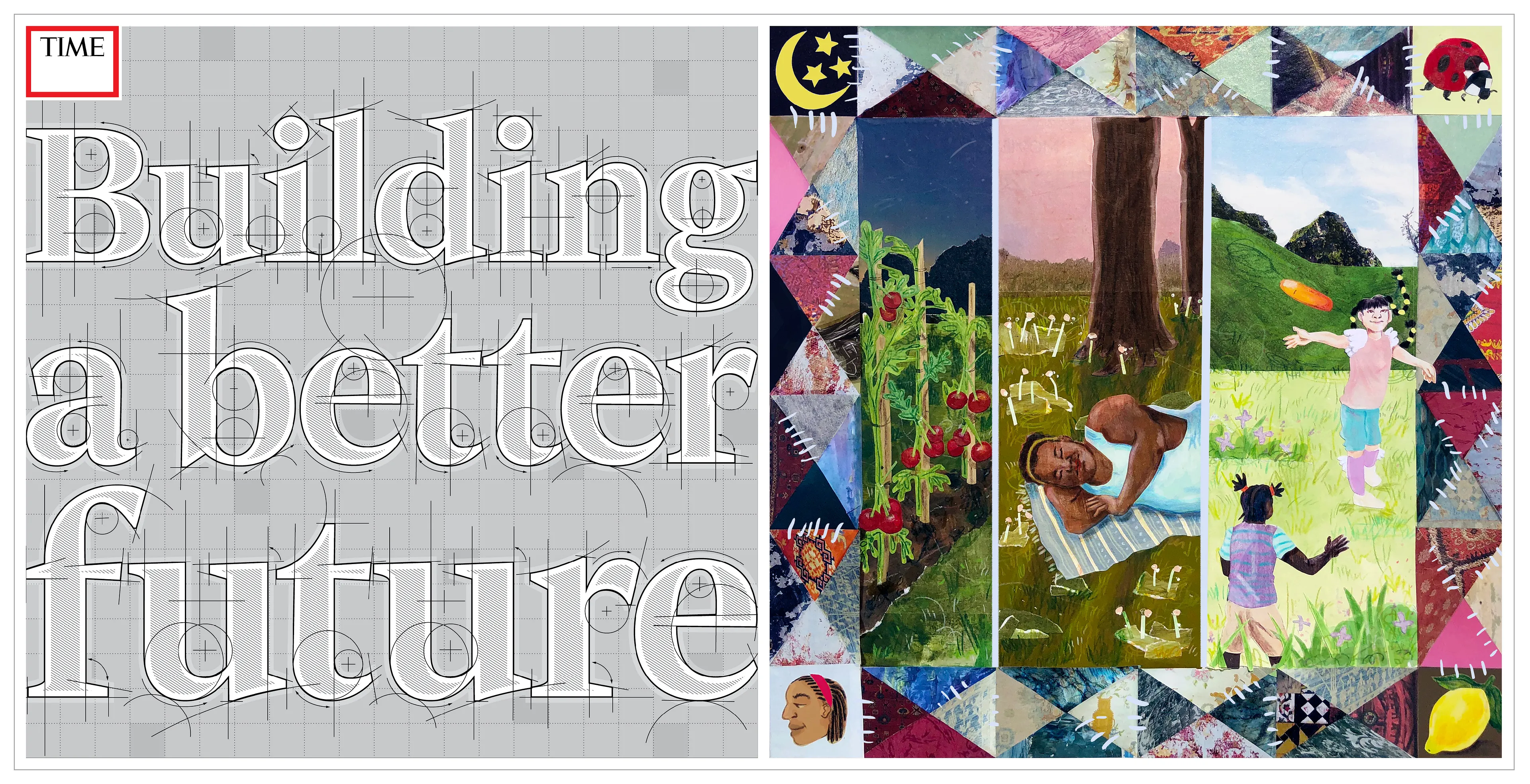 Sarah Kanu. With this collage, I wish to pay tribute and express gratitude for all the black artists, caregivers, and community workers actively building the better future we/I speak of here. Creating a world where all peoples are freed, where we do not rely on consistent labor to ensure we maintain a living on this planet. It is a world of abundant joy, understanding, compassion, and care. 
The three central panels of this piece represent growth, rest, and play, themes that are most present in the work I create for myself—full of depictions of nature and the outdoors, black ease, and mundane beauty and collectivity.  
The overall composition surrounded by patterns akin to a quilt references artists such as Faith Ringgold, Betye Saar, and other current fine artists I admire who speak to the tradition of recalling and archiving history through craft and passing on knowledge to future generations.